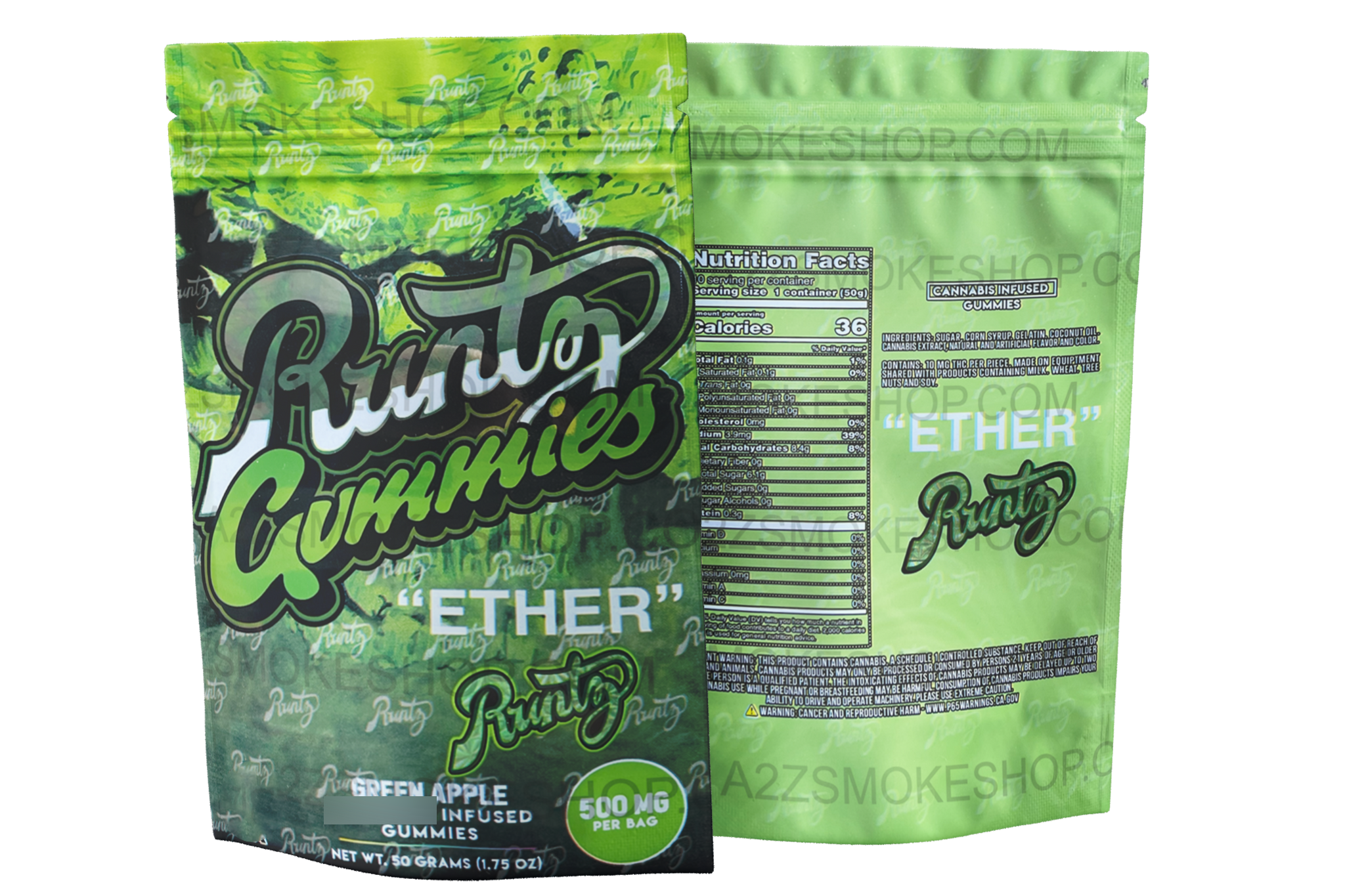 Runtz Gummies - Ether Green Apple 500mg  Mylar Bag Packaging Only