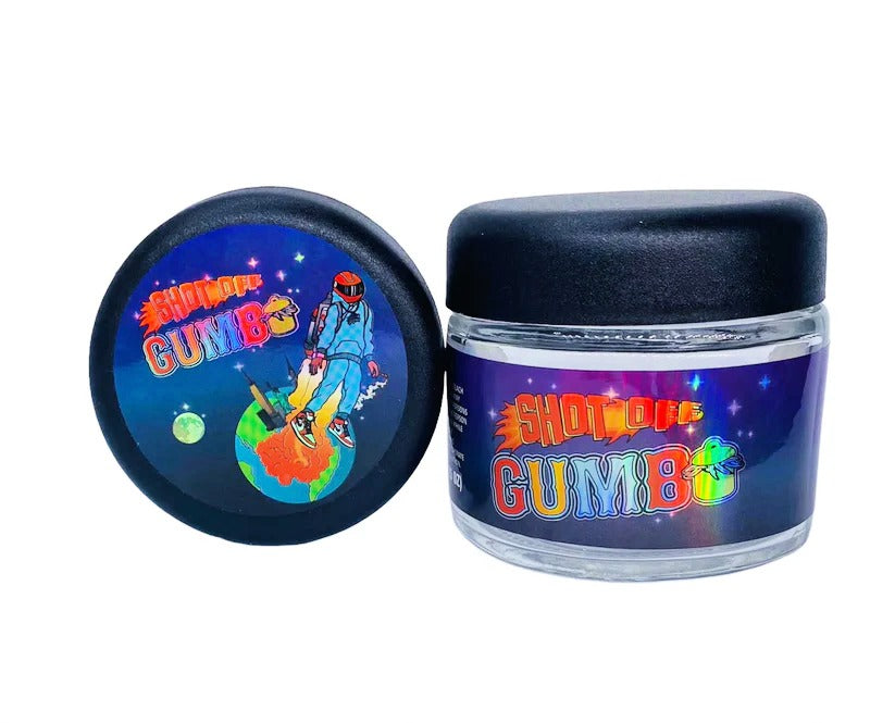 Shot Off Gumbo 3.5g Glass Jars with Holographic Stickers Child Resistant jar