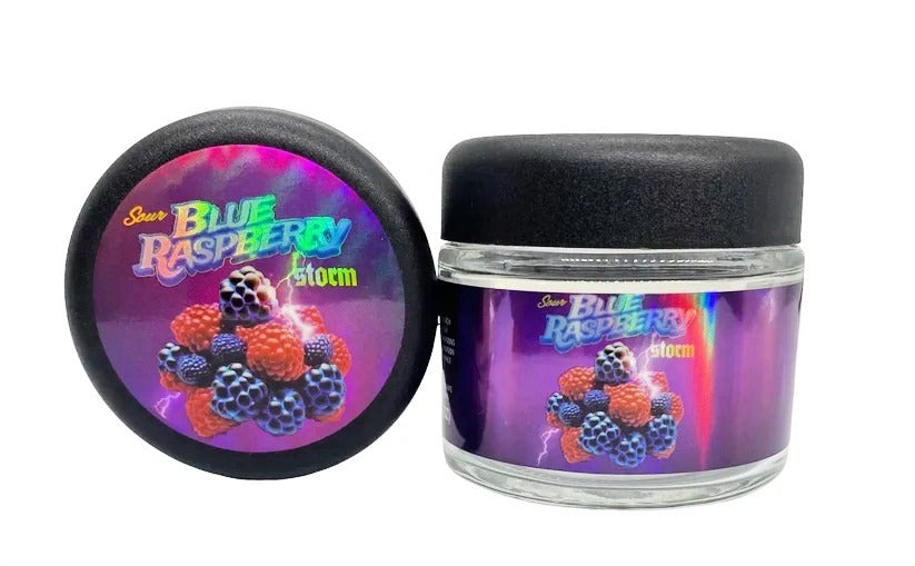 Sour Blue Raspberry Storm Sprinklez 3.5g Glass Jars with Holographic Stickers Child Resistant jar