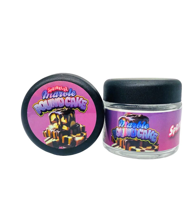 Marble Poundcake Sprinklez 3.5g Glass Jars with Holographic Stickers Child Resistant jar