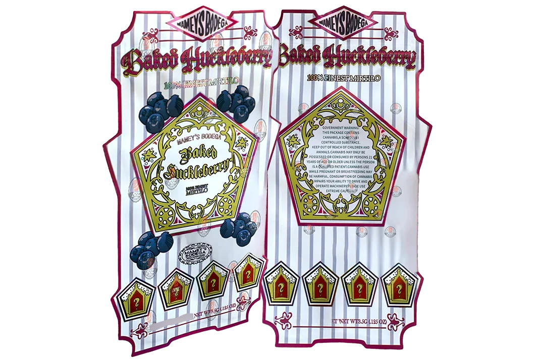 Mamey's Baked Huckleberry Bodega cut out Holographic Mylar zip lock bag 3.5G - Black Unicorn Hub