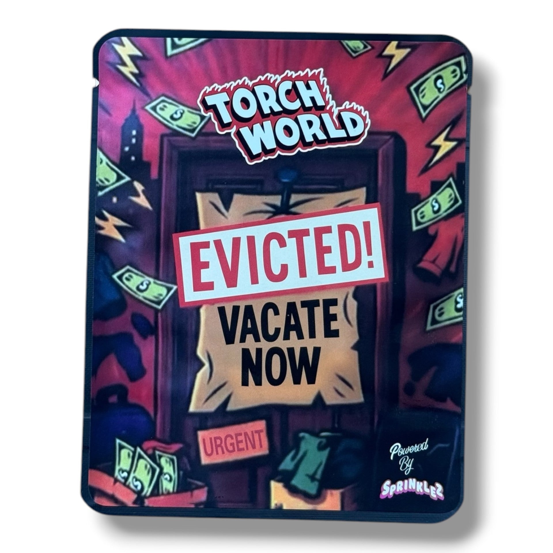 SprinklezTorch World Evicted 3.5G Mylar sticker Bags -With stickers and label