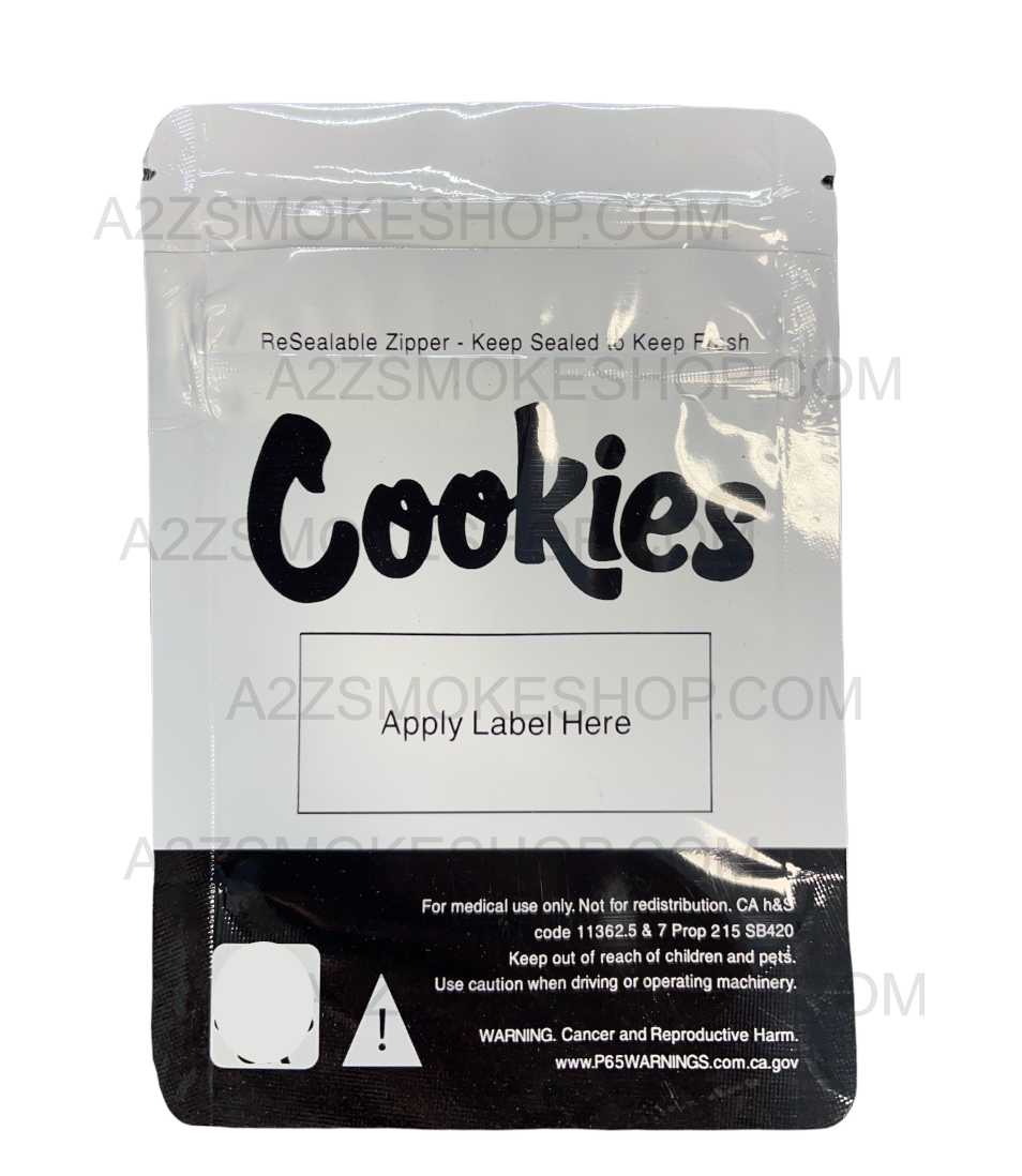 Cookies White with Window Mylar Bags 3.5 Grams Smell Proof Resealable Bags w/ Holographic Authenticity Stickers