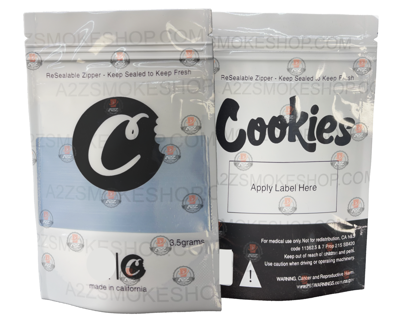 Cookies White with Window Mylar Bags 3.5 Grams Smell Proof Resealable Bags w/ Holographic Authenticity Stickers