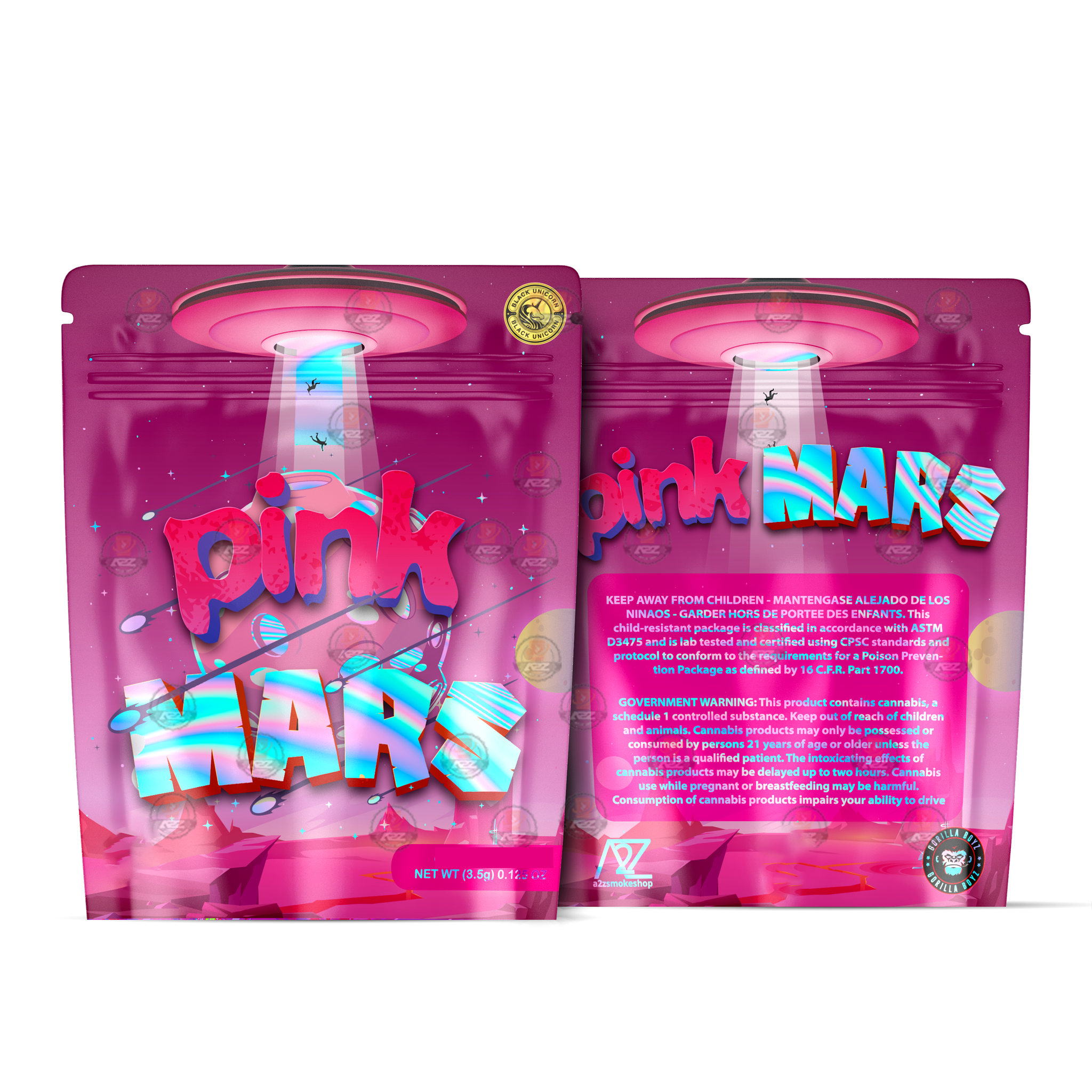 Pink Mars Holographic Mylar bag 3.5g - For Flower- Black Unicorn