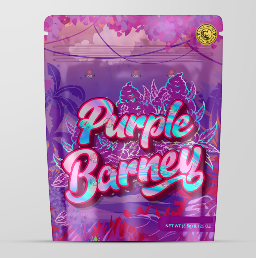 Purple Barney Holographic Mylar bag 3.5g - For Flower- Black Unicorn