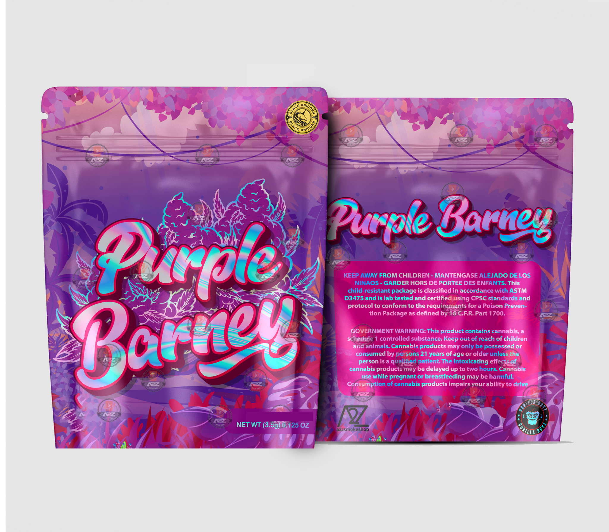 Purple Barney Holographic Mylar bag 3.5g - For Flower- Black Unicorn