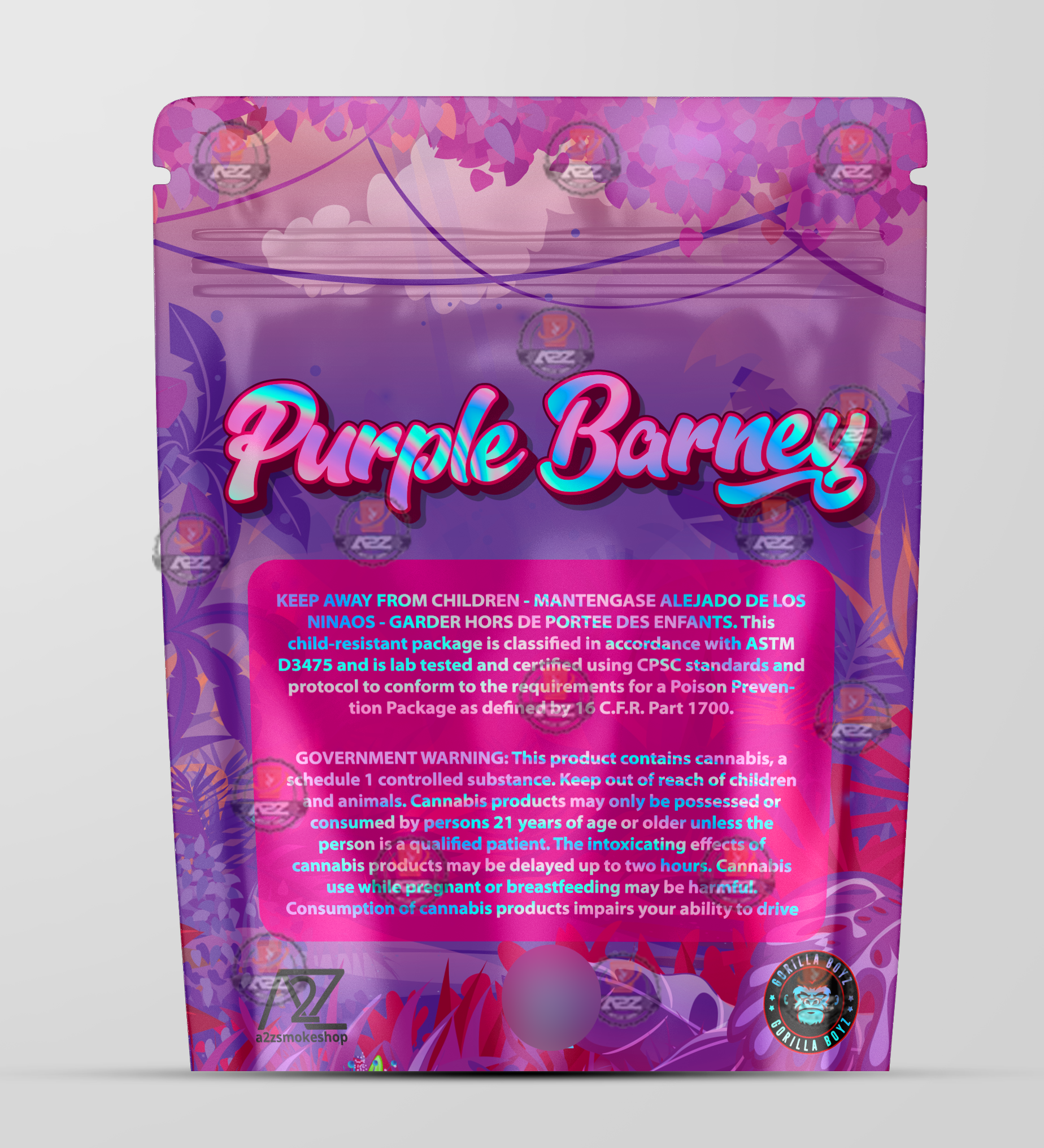 Purple Barney Holographic Mylar bag 3.5g - For Flower- Black Unicorn