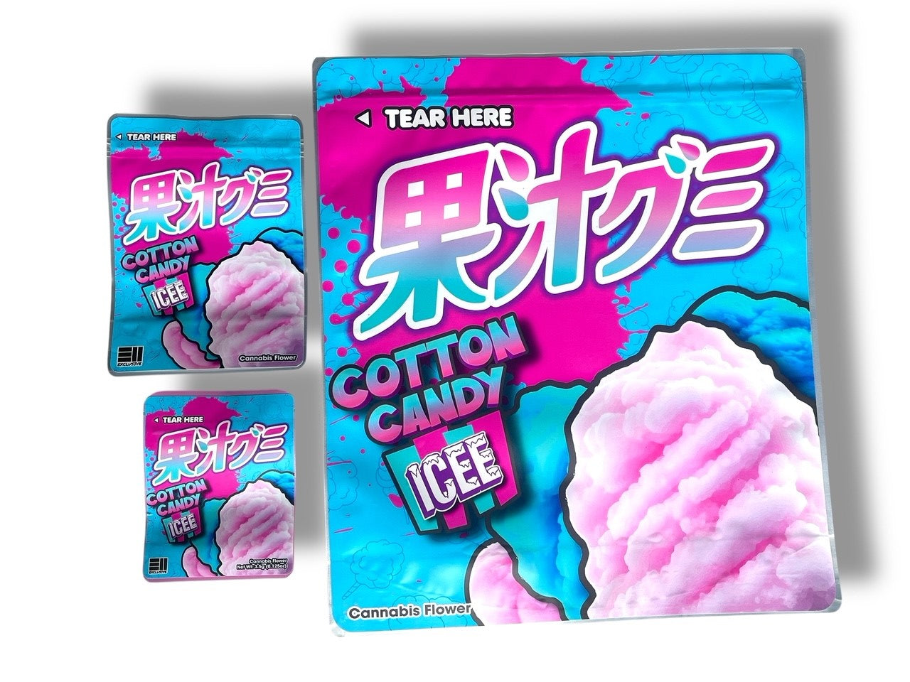 Cotton Candy Icee Combo Sticker Mylar Bags | Stand-Up 16oz, 1oz & 3.5g