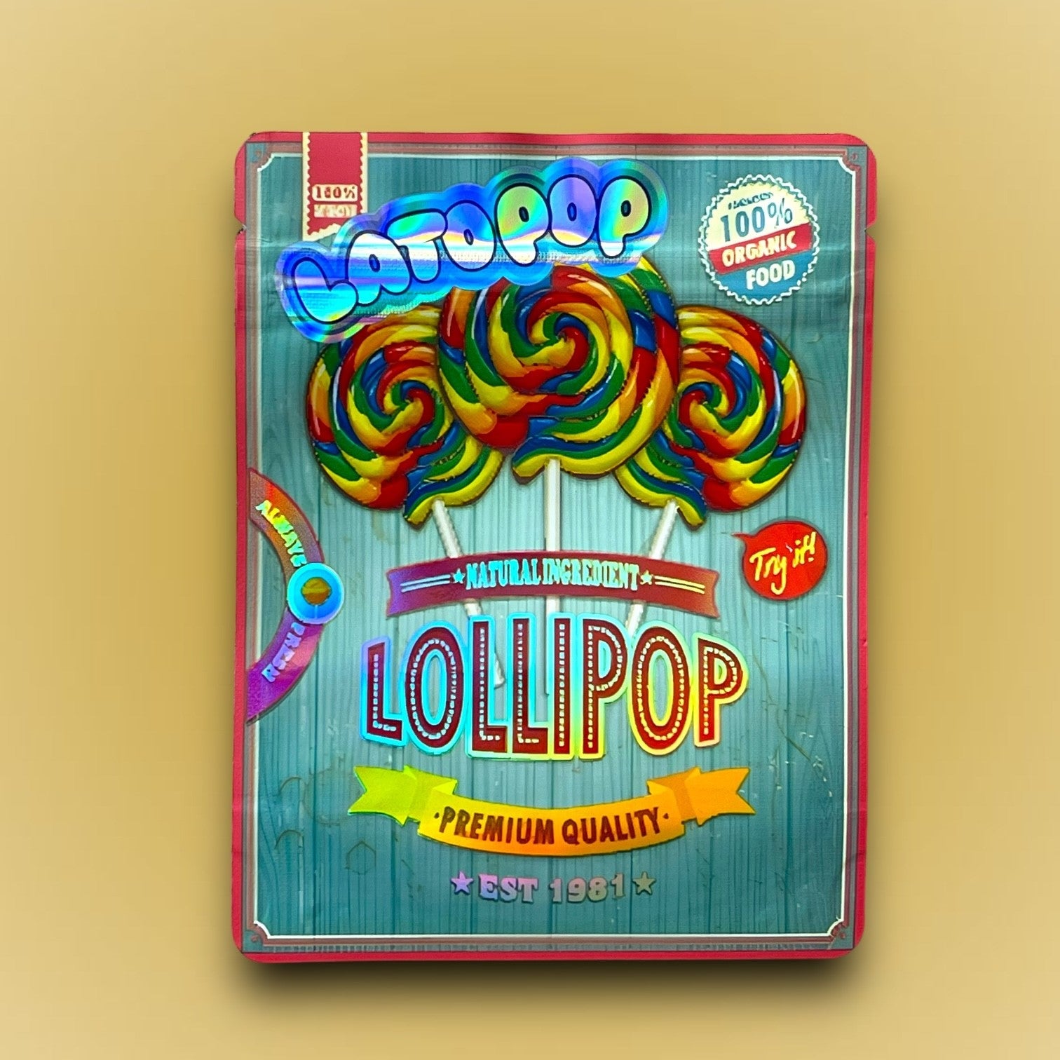 High Tolerance Lollipop Lato Pop 3.5G Mylar Bags Holographic