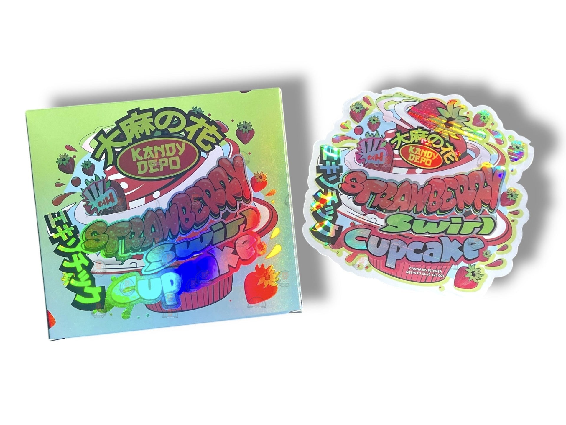 Kandy Depo Strawberry Swirl Cupcake Mylar Bags with Boxes 3.5g Box Packaging Holographic