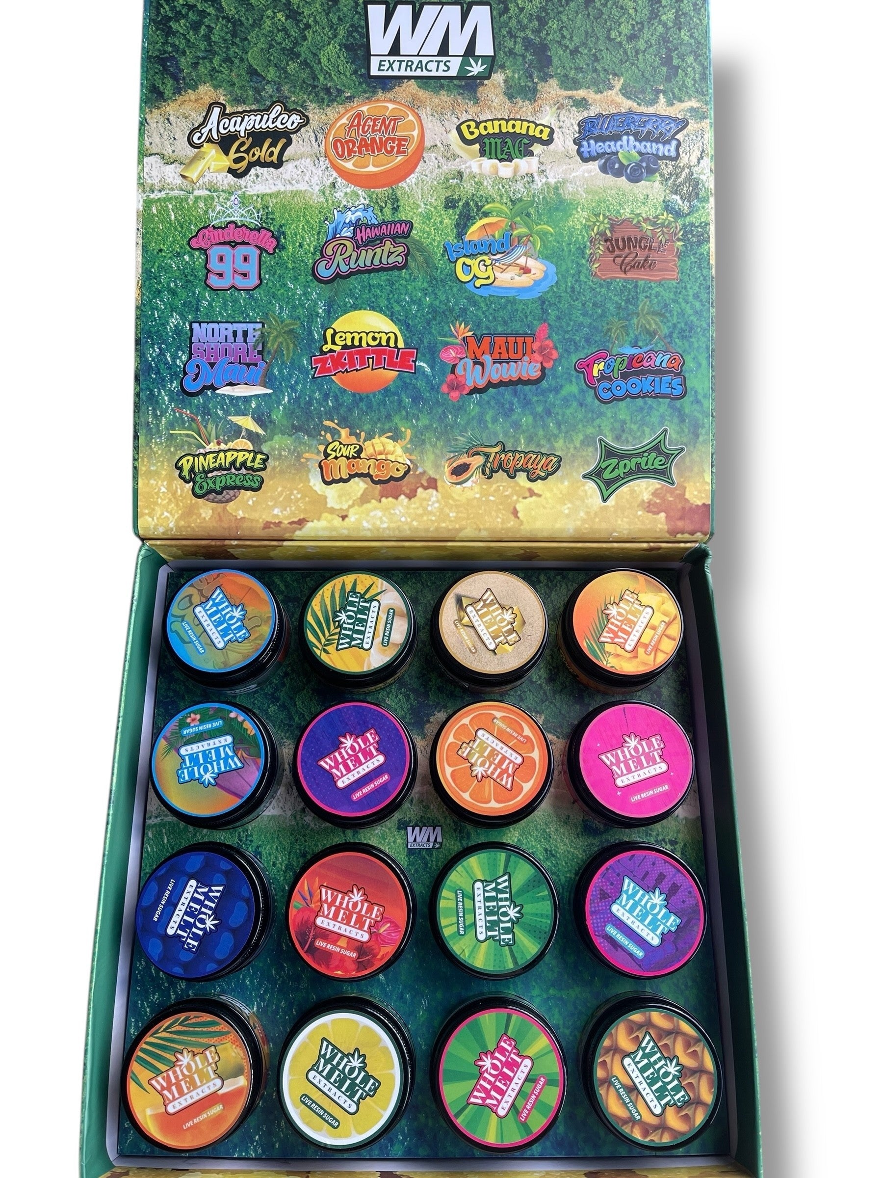 Whole Melt Tropical 1oz Glass Jars - Varity Pack 16 Strains in box Empty Jars