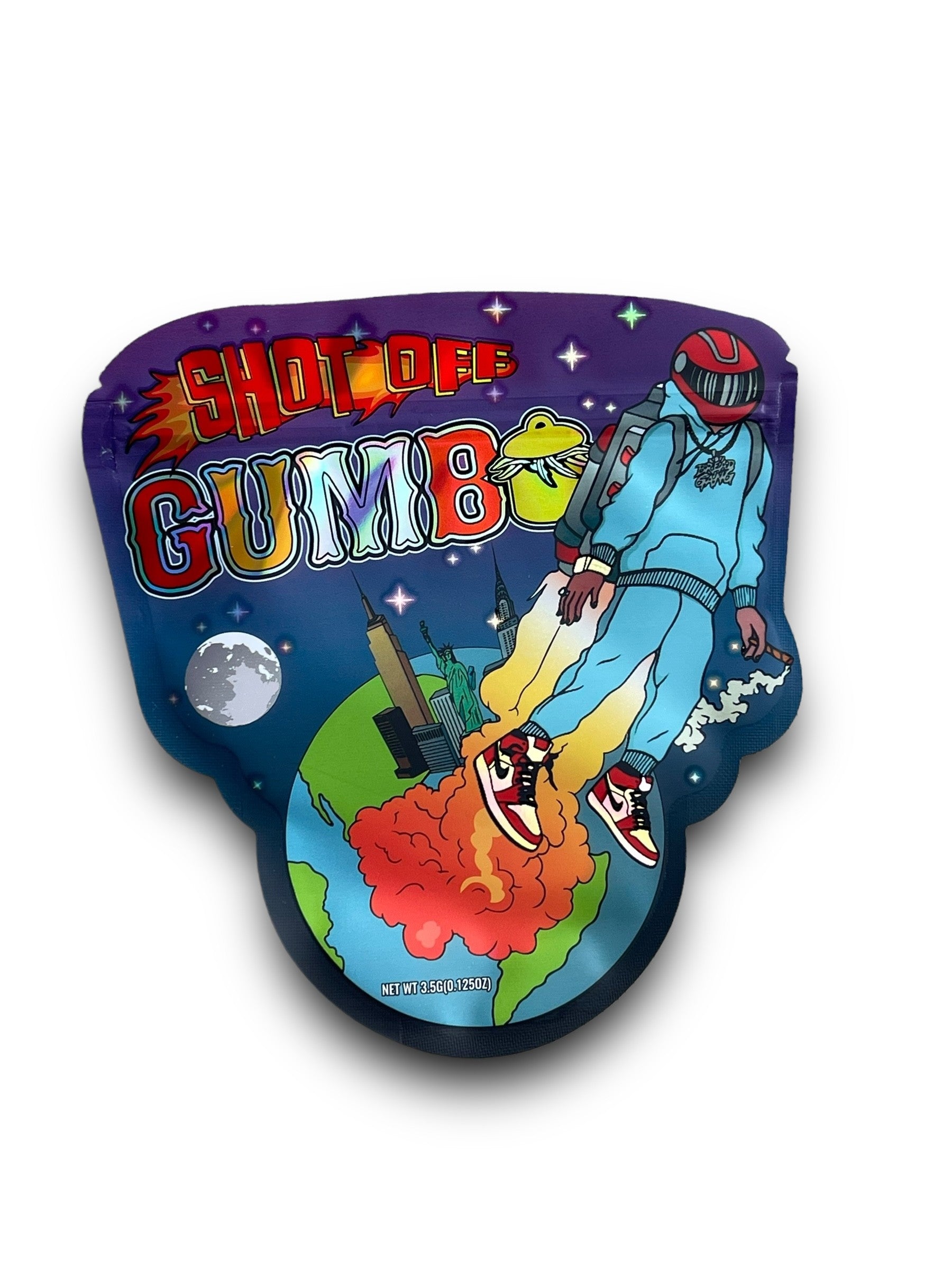 Gumbo Shot Off 3.5g Mylar Bag Holographic Shape Bag