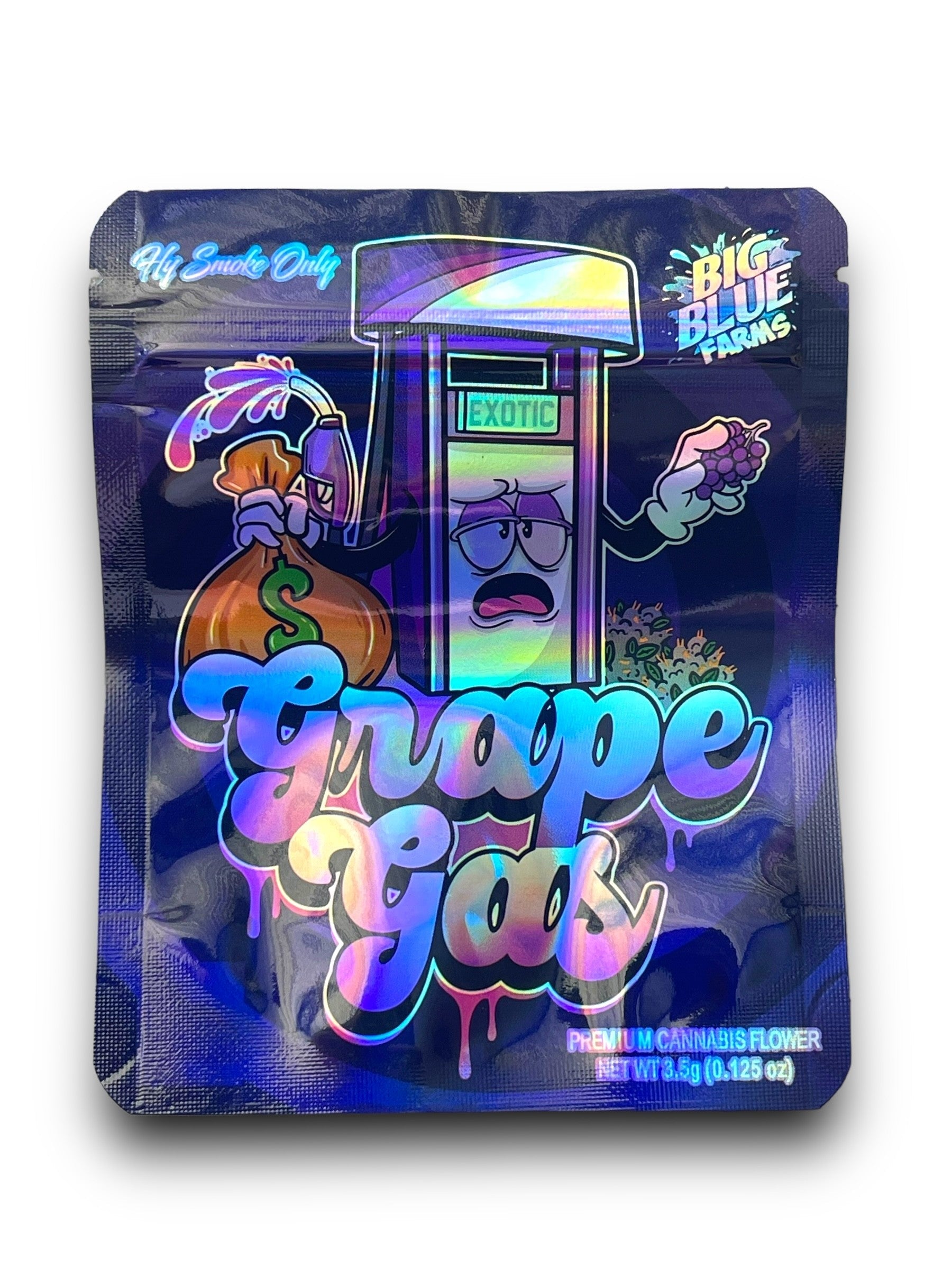 Grape Gas 3.5G Mylar Bags Holographic Exotic Big Blue Farms