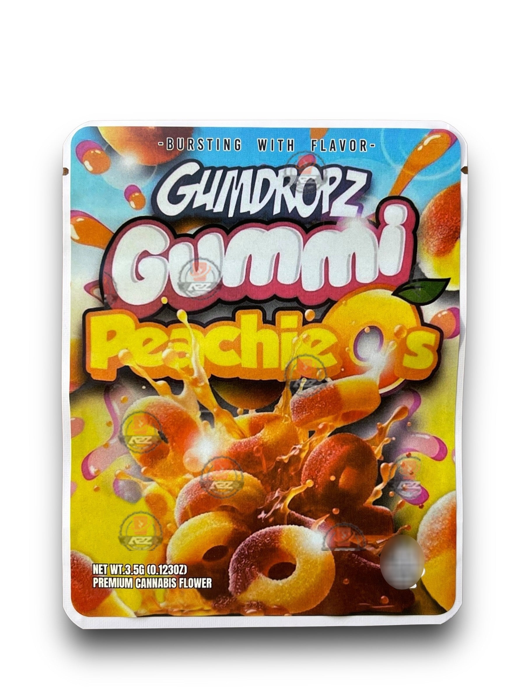 Sprinklez Gumdropz Gummi Peachieos 3.5G Mylar Bags -With stickers and label