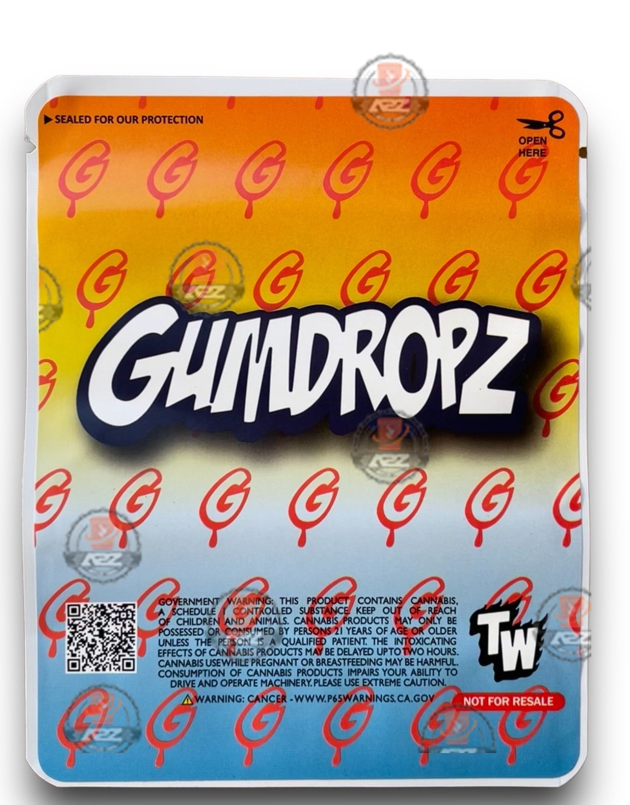 Sprinklez Gumdropz Gummi Peachieos 3.5G Mylar Bags -With stickers and label