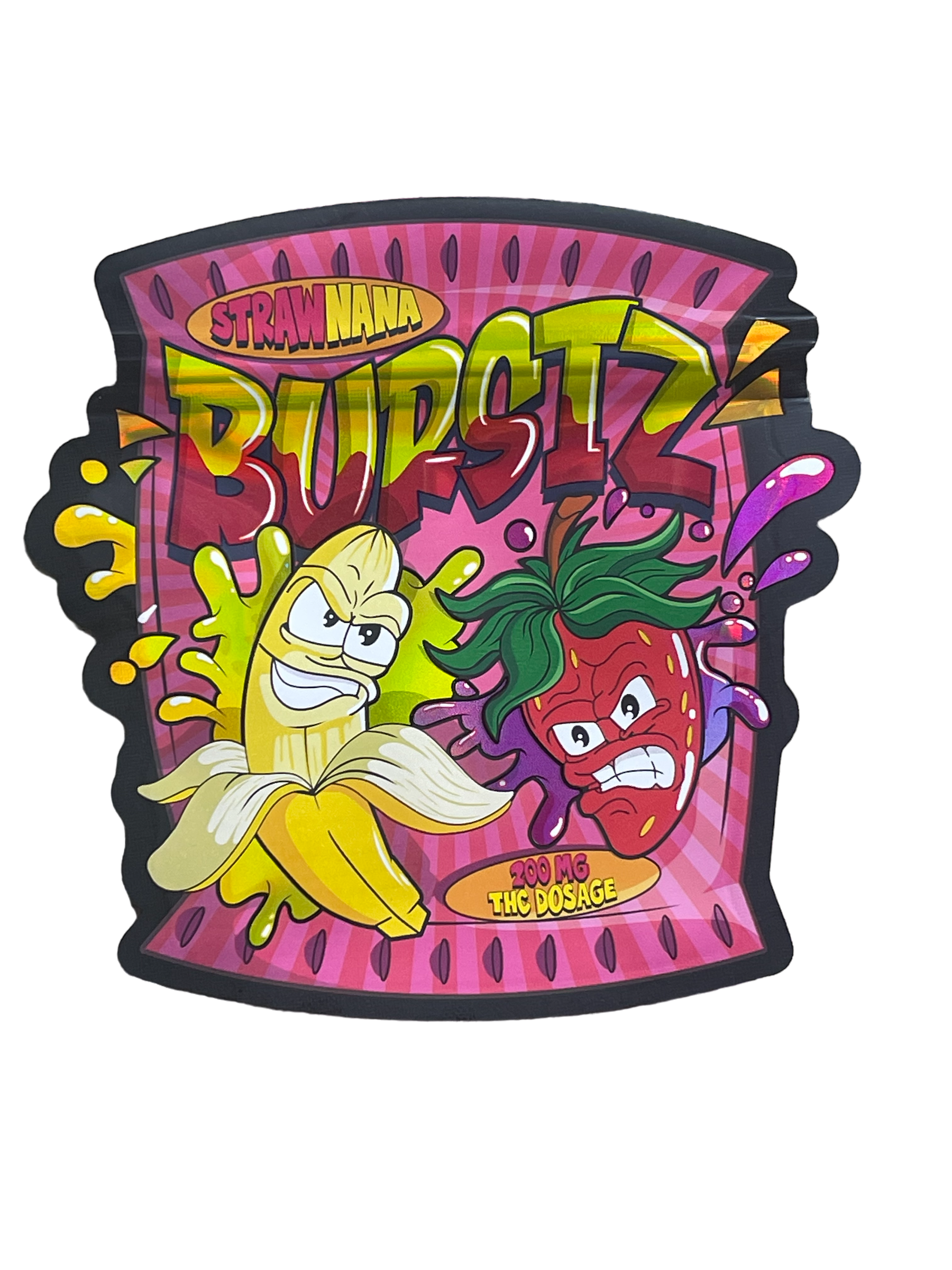 Strawnana Burstz 200 MG Mylar Edible Bag Holographic - Strawberry and Banana Burst- Packaging Only