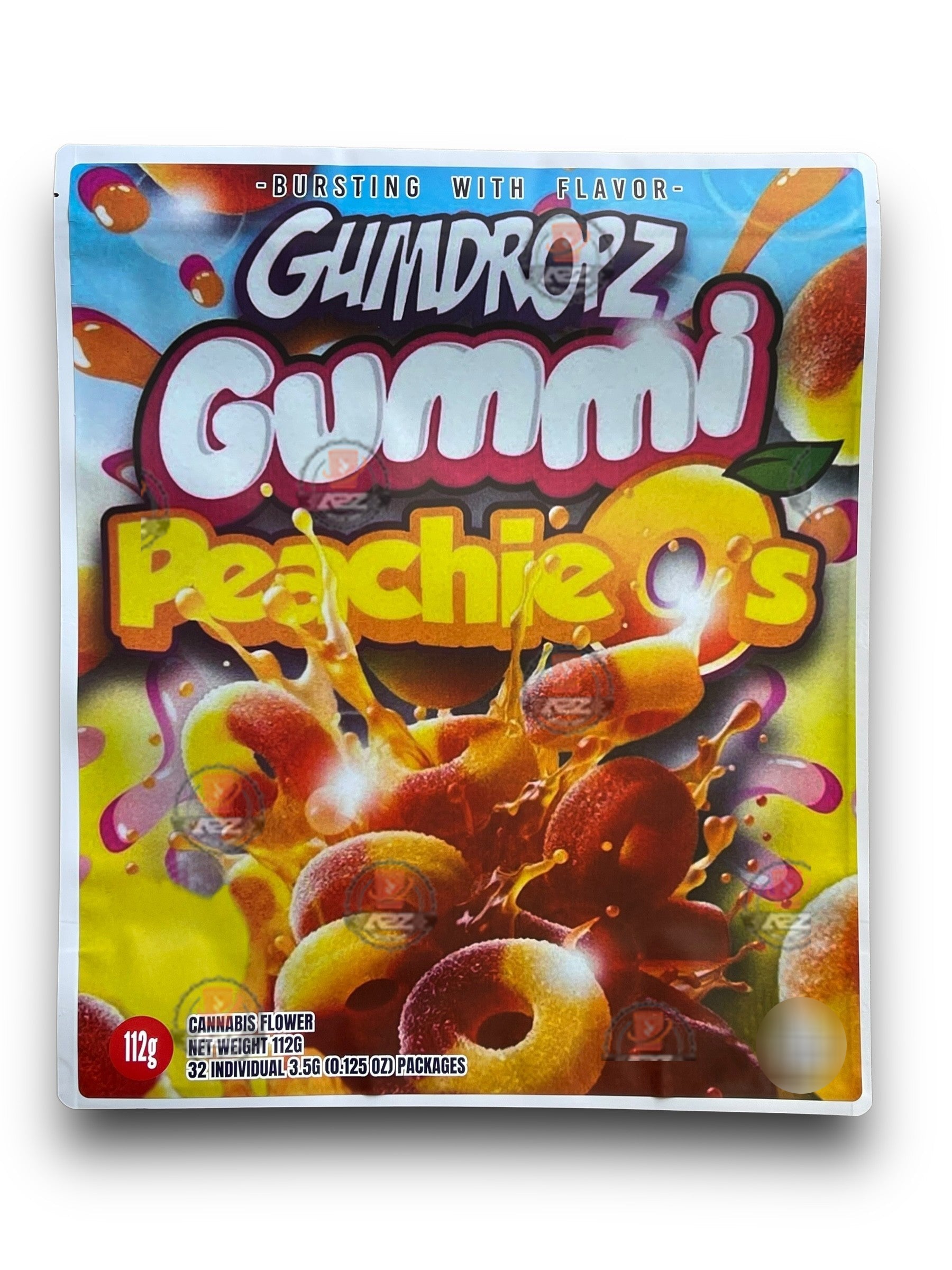Gumdropz Gummi Peachieos 1 Pound Mylar Bag Net Weight 112G Packaging Only