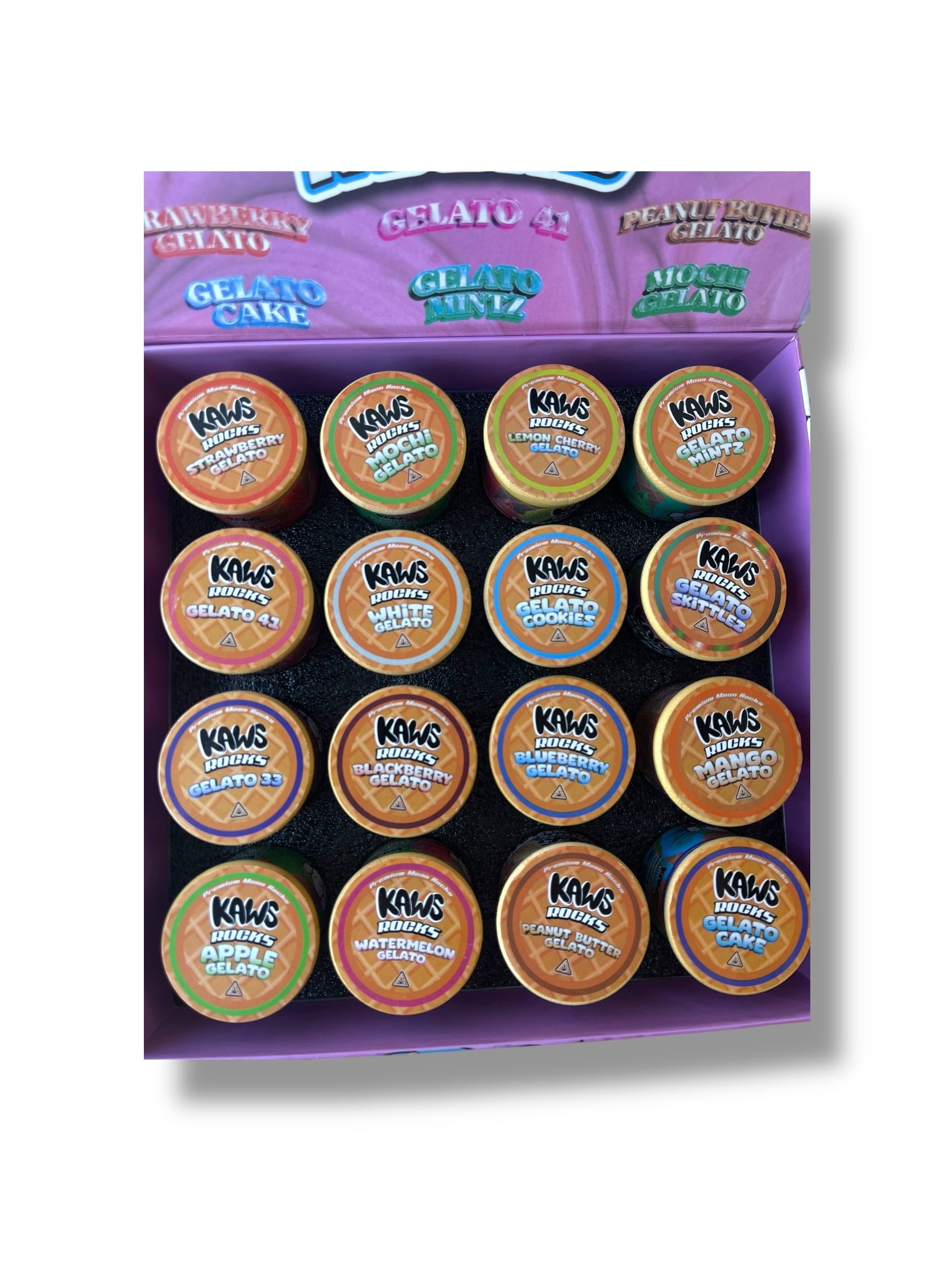 Kawz Moon Rocks Gelato Edition 1oz Glass Jars - Varity Pack 16 Strains in box
