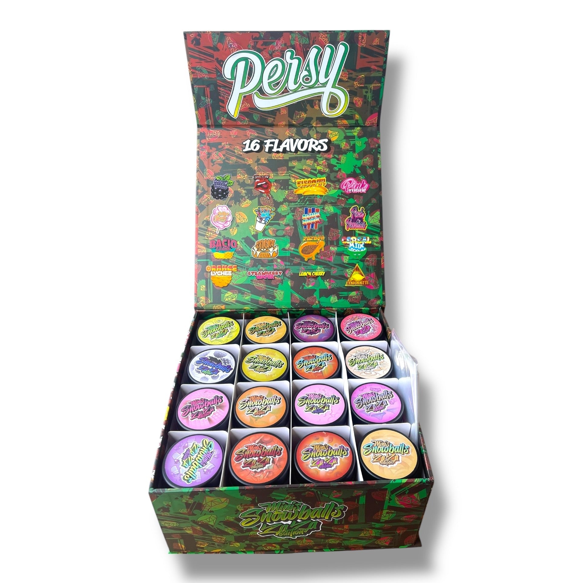 Persy Snowballs Zaza Edition 16-1oz Glass Jars - Varity Pack 16 Flavors in box 1 pound empty jars