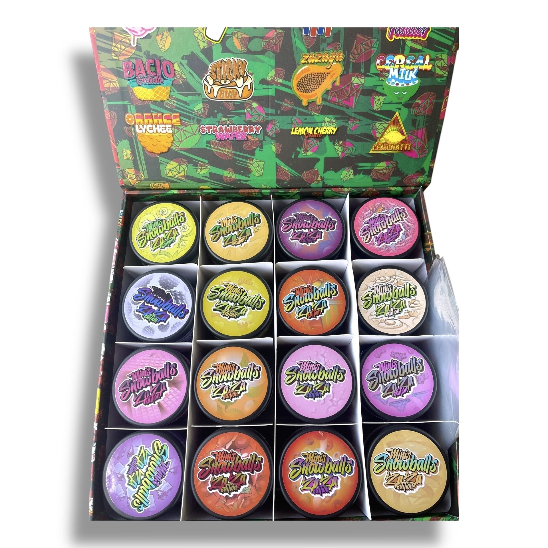 Persy Snowballs Zaza Edition 16-1oz Glass Jars - Varity Pack 16 Flavors in box 1 pound empty jars