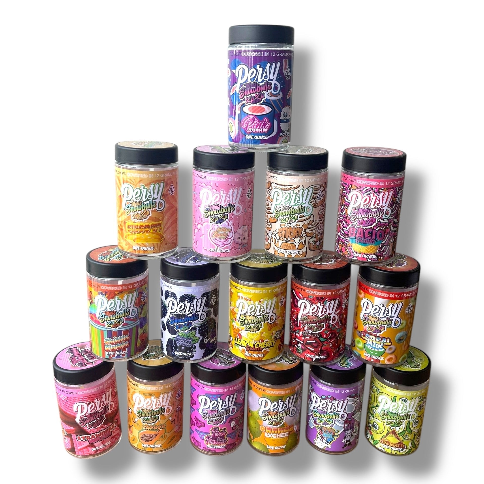 Persy Snowballs Zaza Edition 16-1oz Glass Jars - Varity Pack 16 Flavors in box 1 pound empty jars