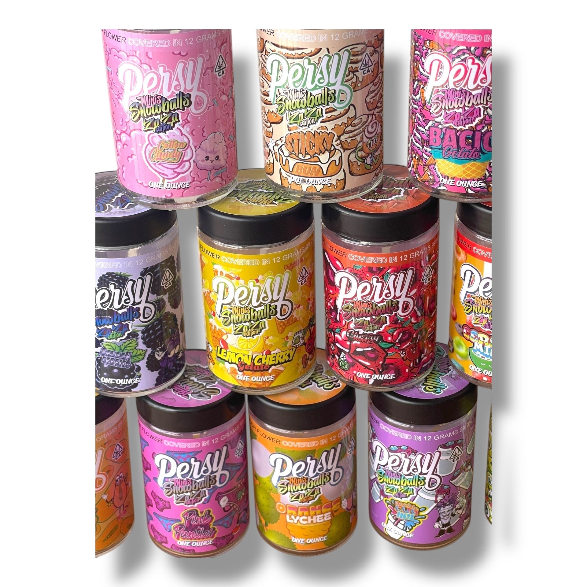 Persy Snowballs Zaza Edition 16-1oz Glass Jars - Varity Pack 16 Flavors in box 1 pound empty jars