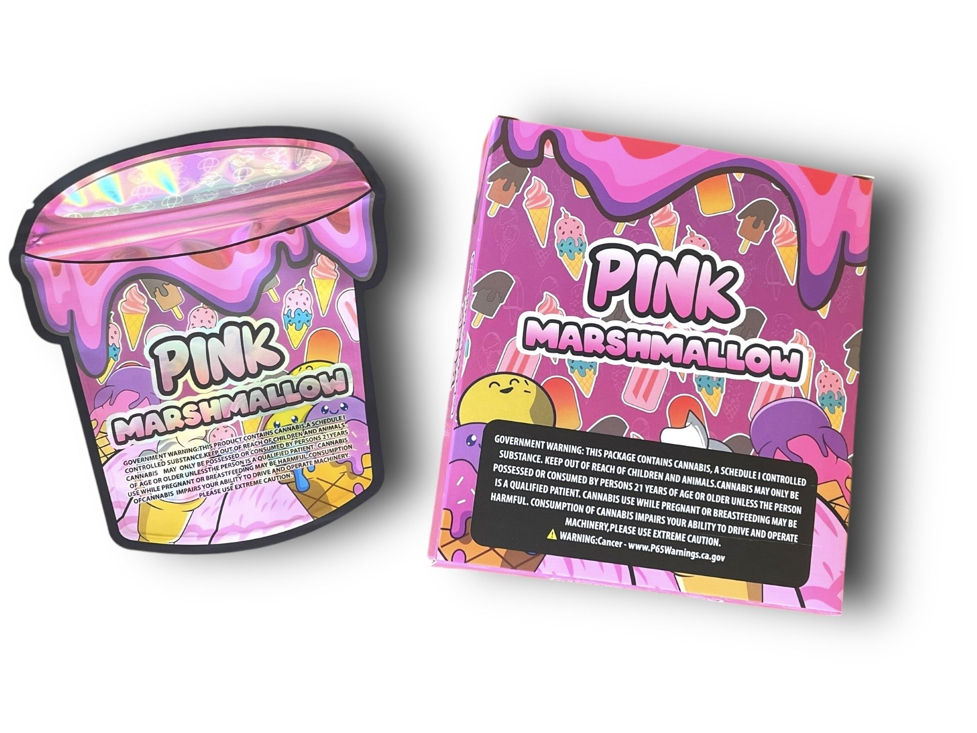 Pink Marshmallow Mylar Bags with Boxes 3.5g Box Packaging Holographic