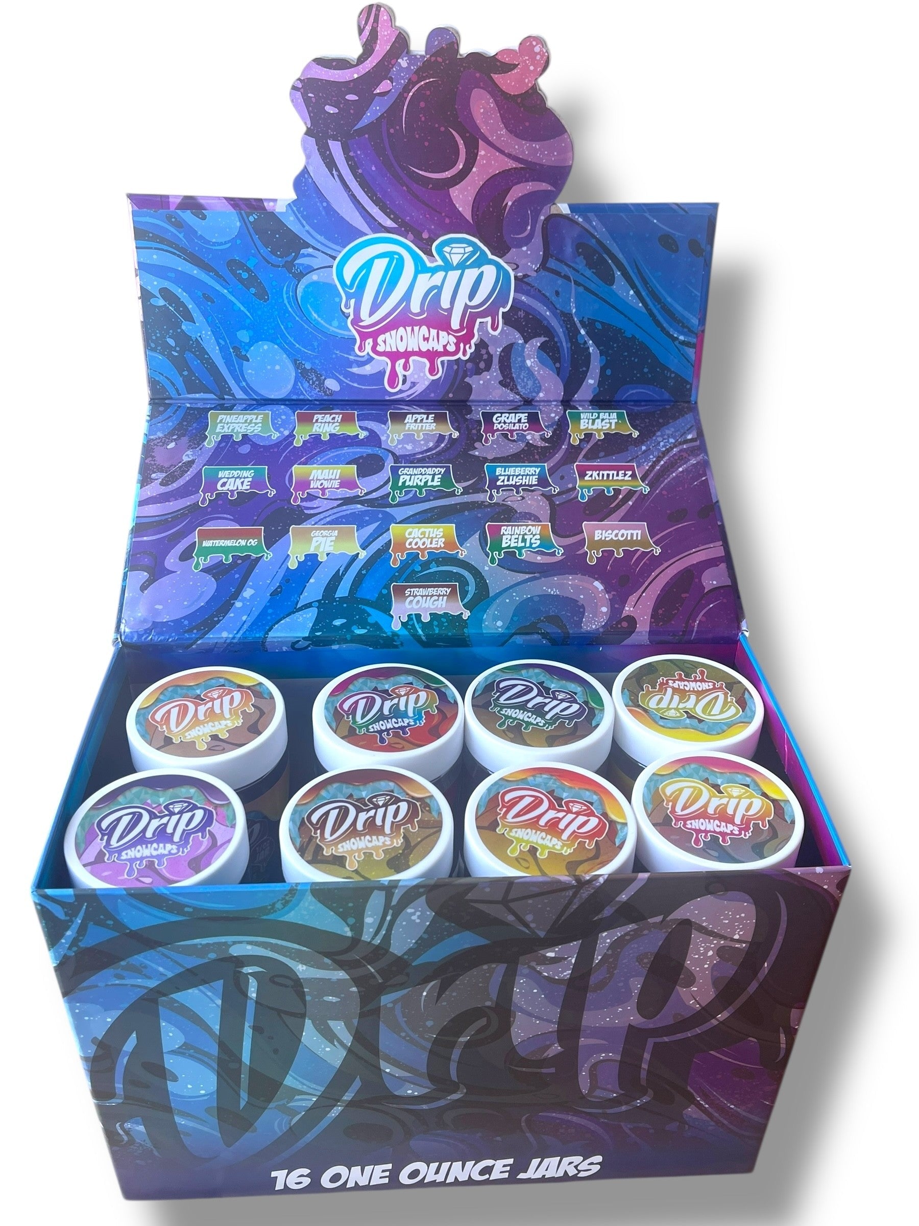 Drip Snowcaps  16-1oz Plastic Jars - Varity Pack 16 Flavors in box 1 pound with outer box Empty Jars