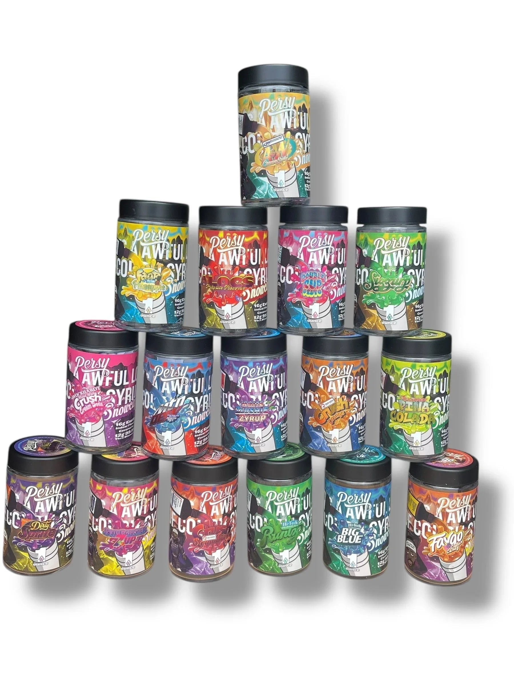Persy Mini Snowballs Cough Syrup 16-1oz Glass Jars - Varity Pack 16 Flavors in box 1 pound- Empty Jars - Black Unicorn Hub