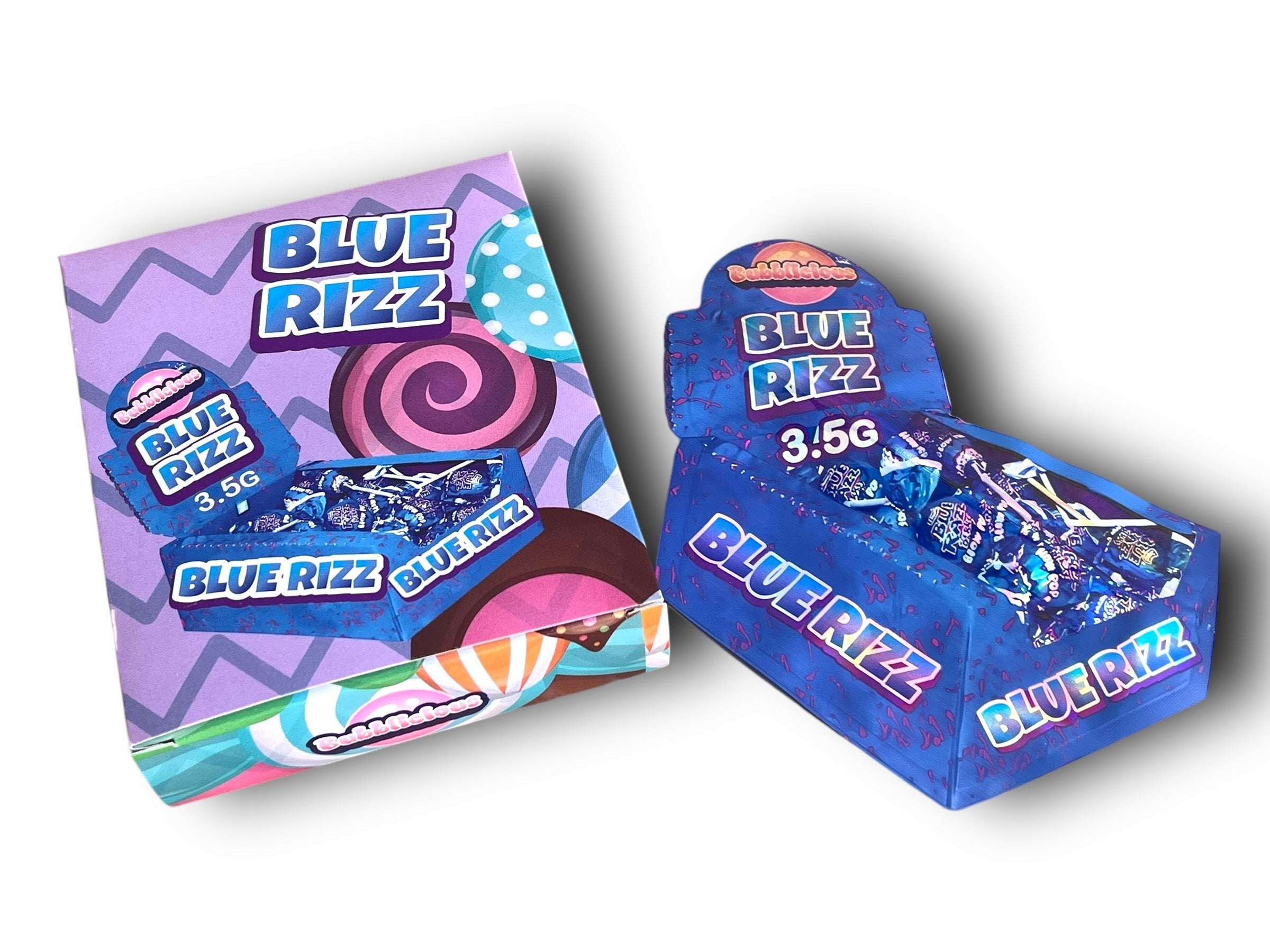 Bubblicious Blue Rizz Mylar Bags with Boxes 3.5g Box Packaging Holographi