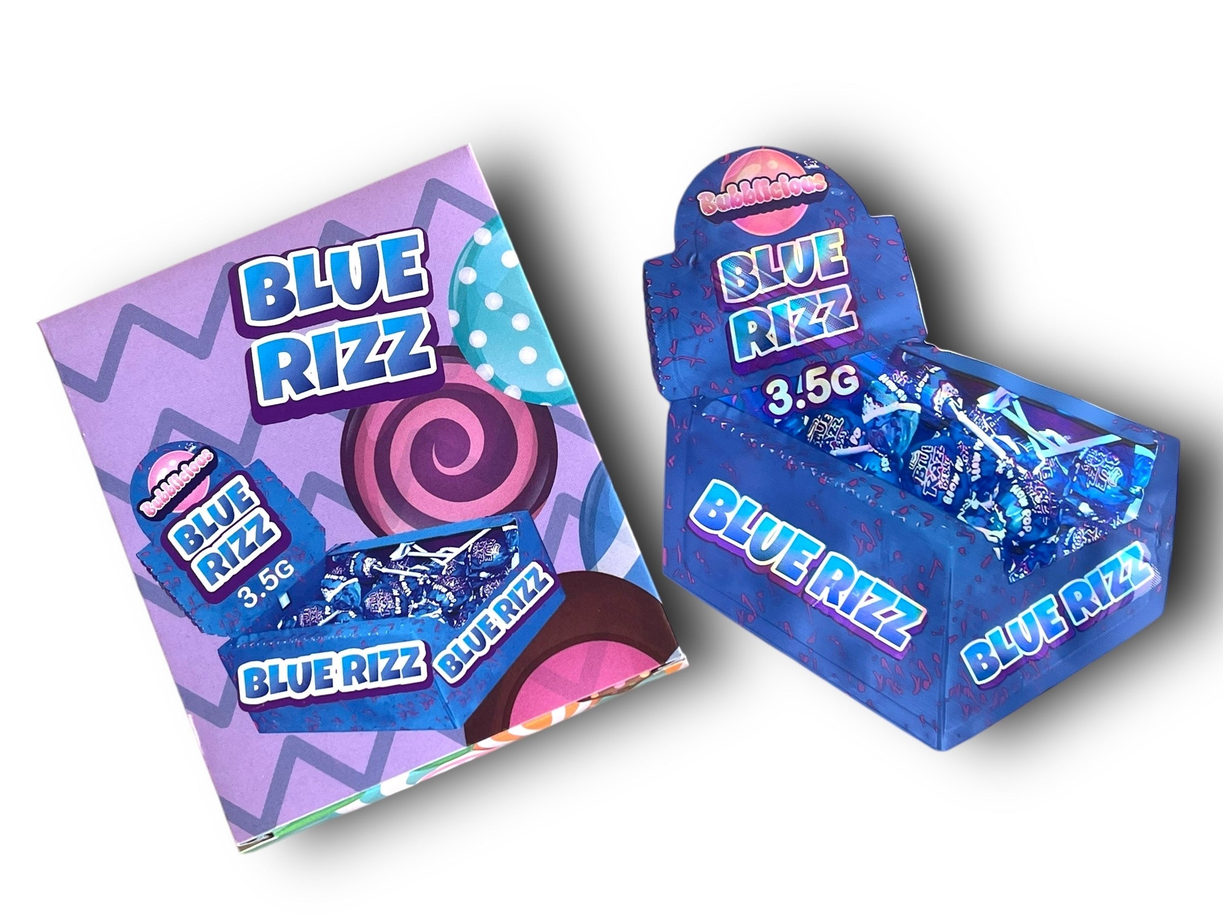 Bubblicious Blue Rizz Mylar Bags with Boxes 3.5g Box Packaging Holographi