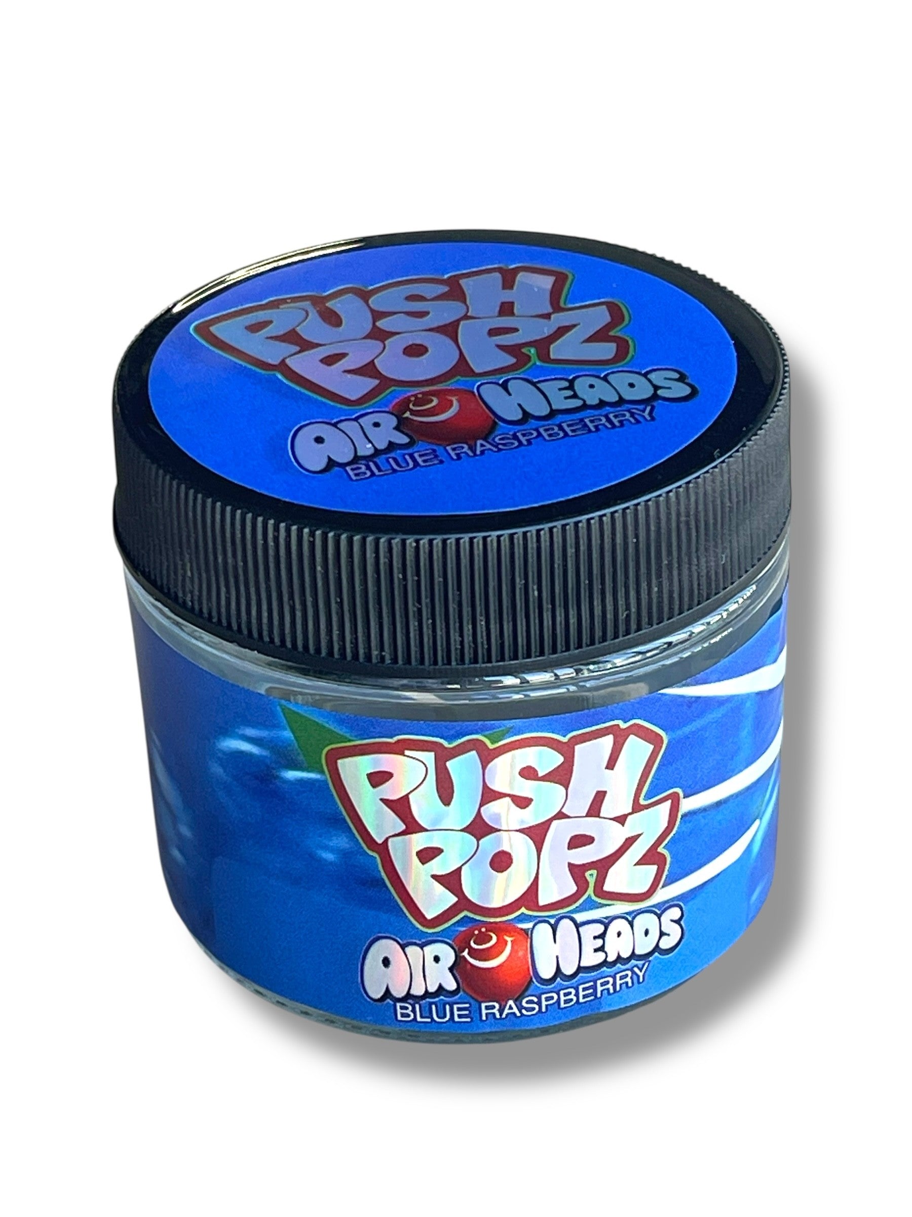 Push Pop Air heads Blue Raspberry 3.5g Glass Jars with Holographic Stickers Child Resistant jar