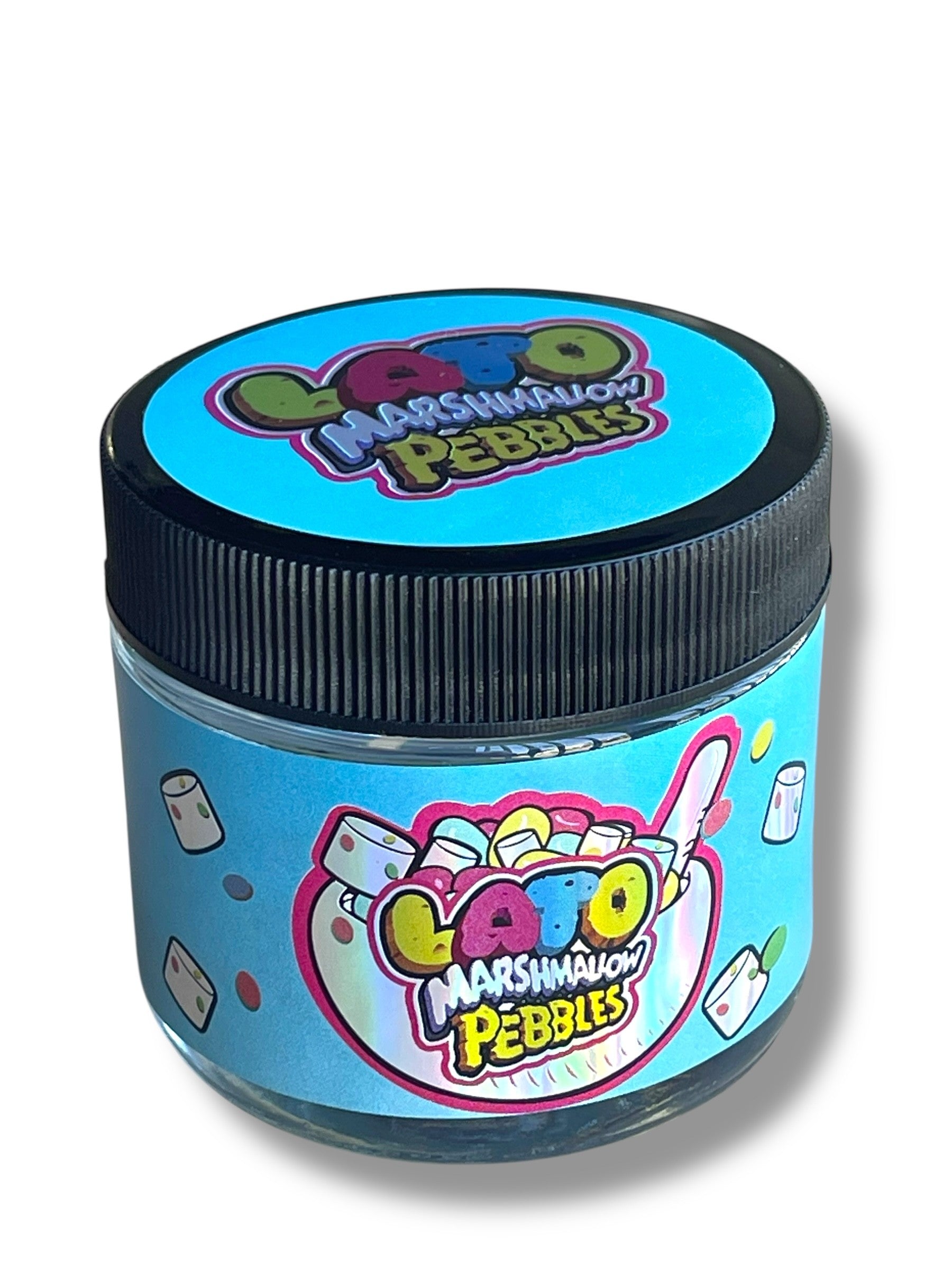 Lato Marshmallow Pebbles 3.5g Glass Jars with Holographic Stickers Child Resistant jar