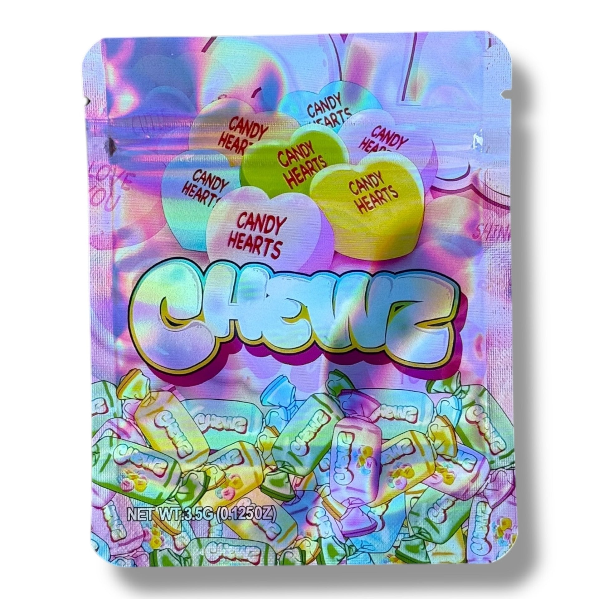 Chewz Candy Hearts 3.5G Mylar Bags Holographic Mylar Packaging