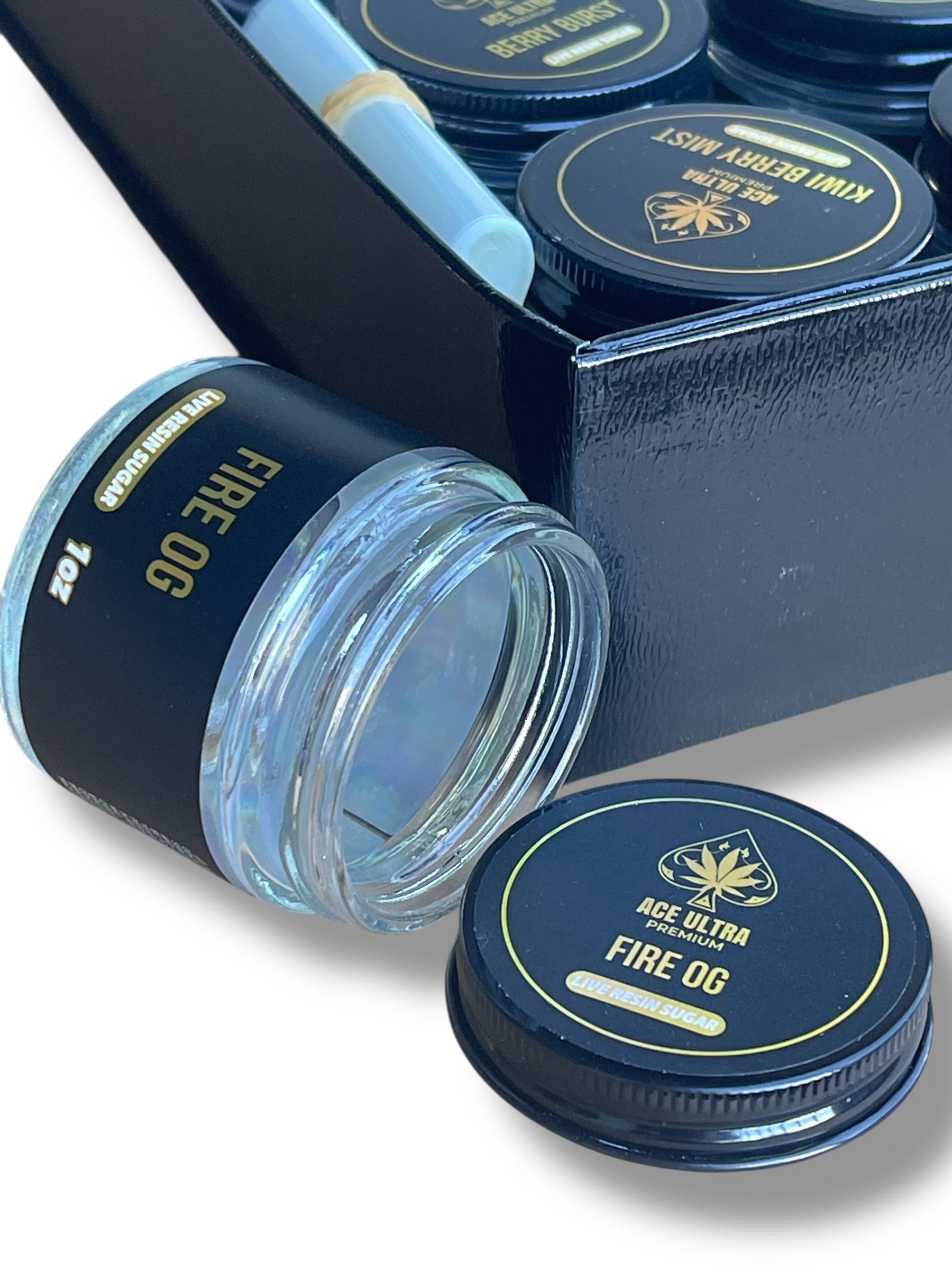 Black Ace Ultra Premium 1oz Glass Jars - Varity Pack 16 Strains in box Empty Jars