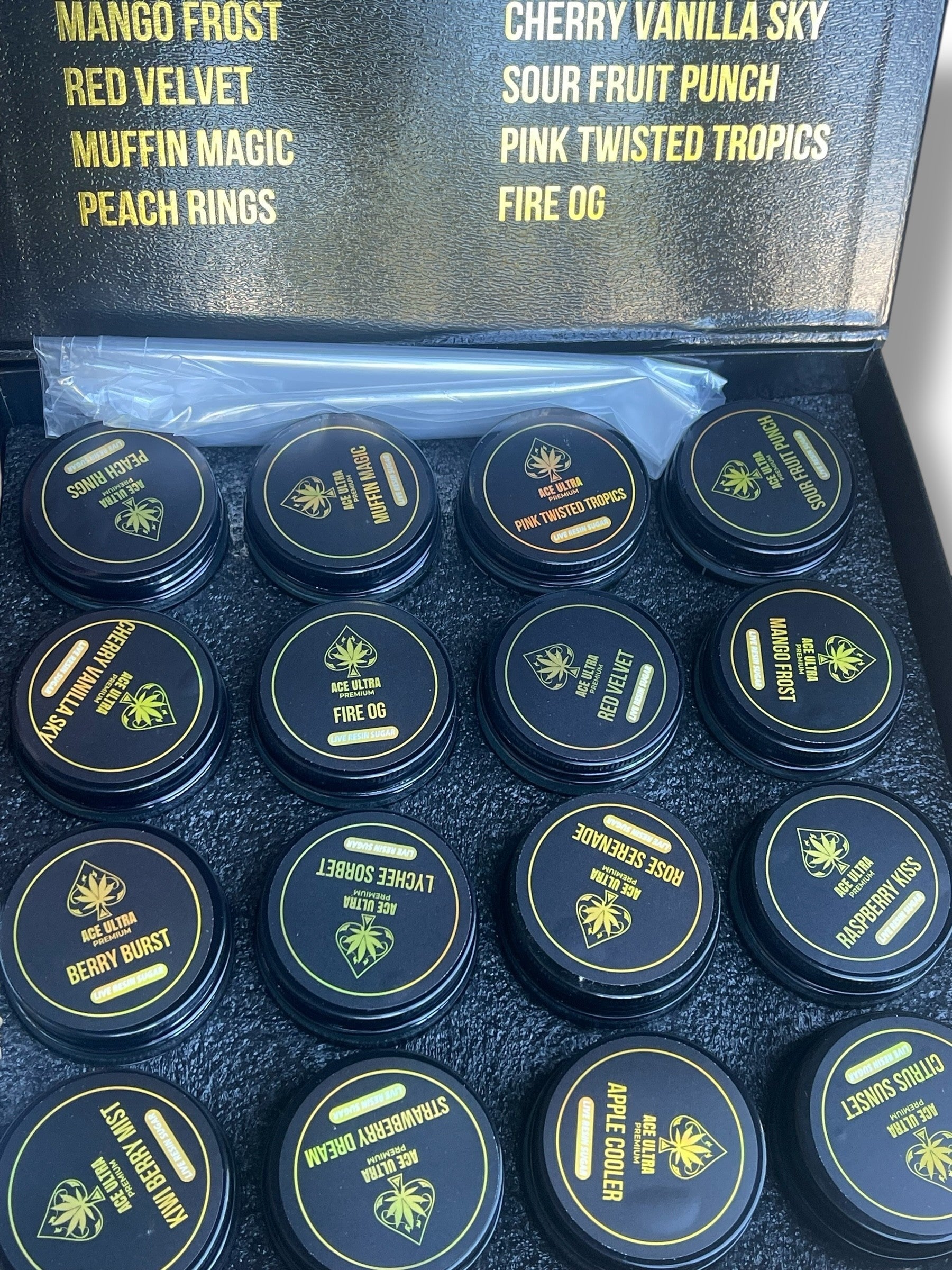 Black Ace Ultra Premium 1oz Glass Jars - Varity Pack 16 Strains in box Empty Jars