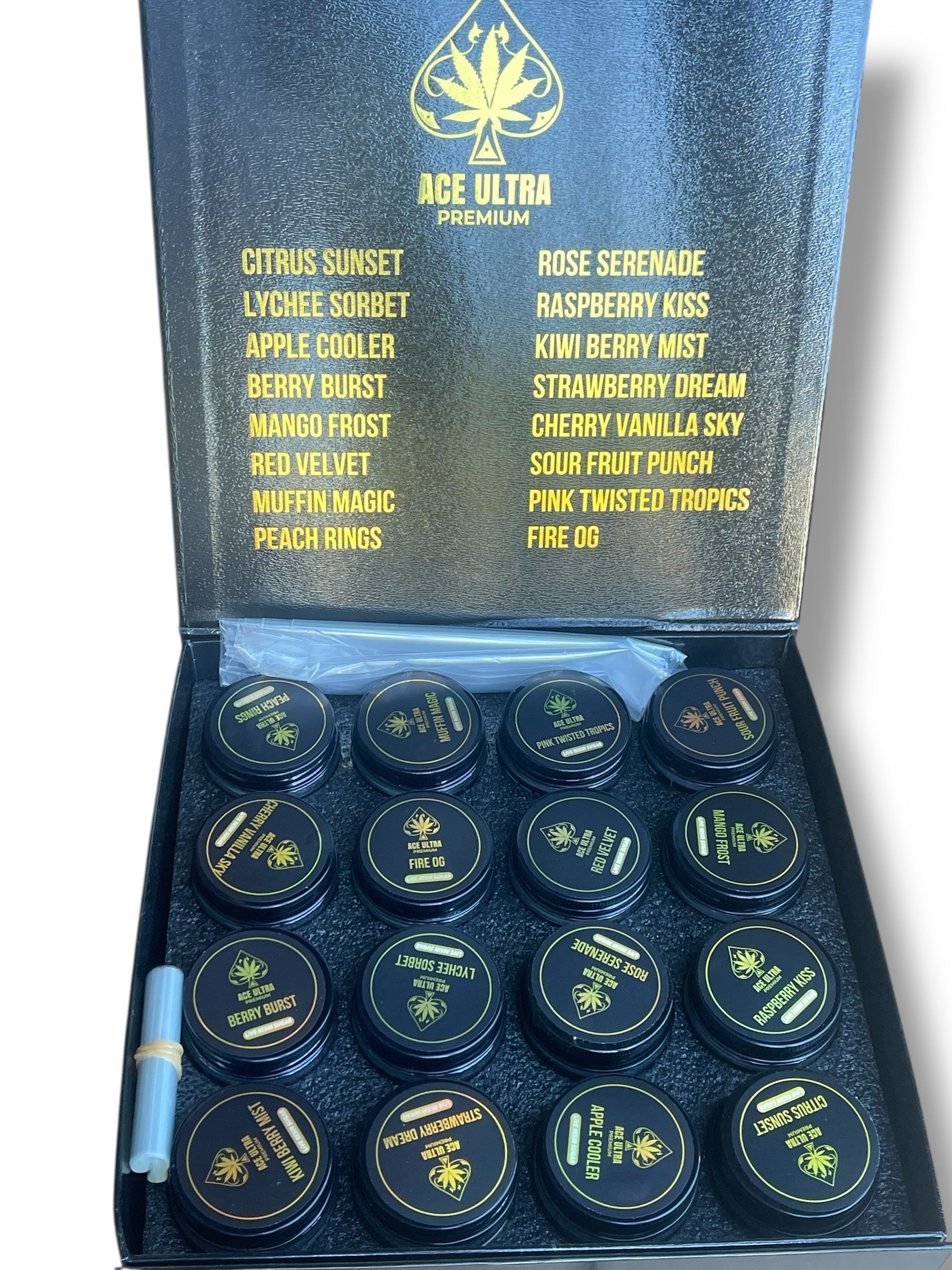 Black Ace Ultra Premium 1oz Glass Jars - Varity Pack 16 Strains in box Empty Jars