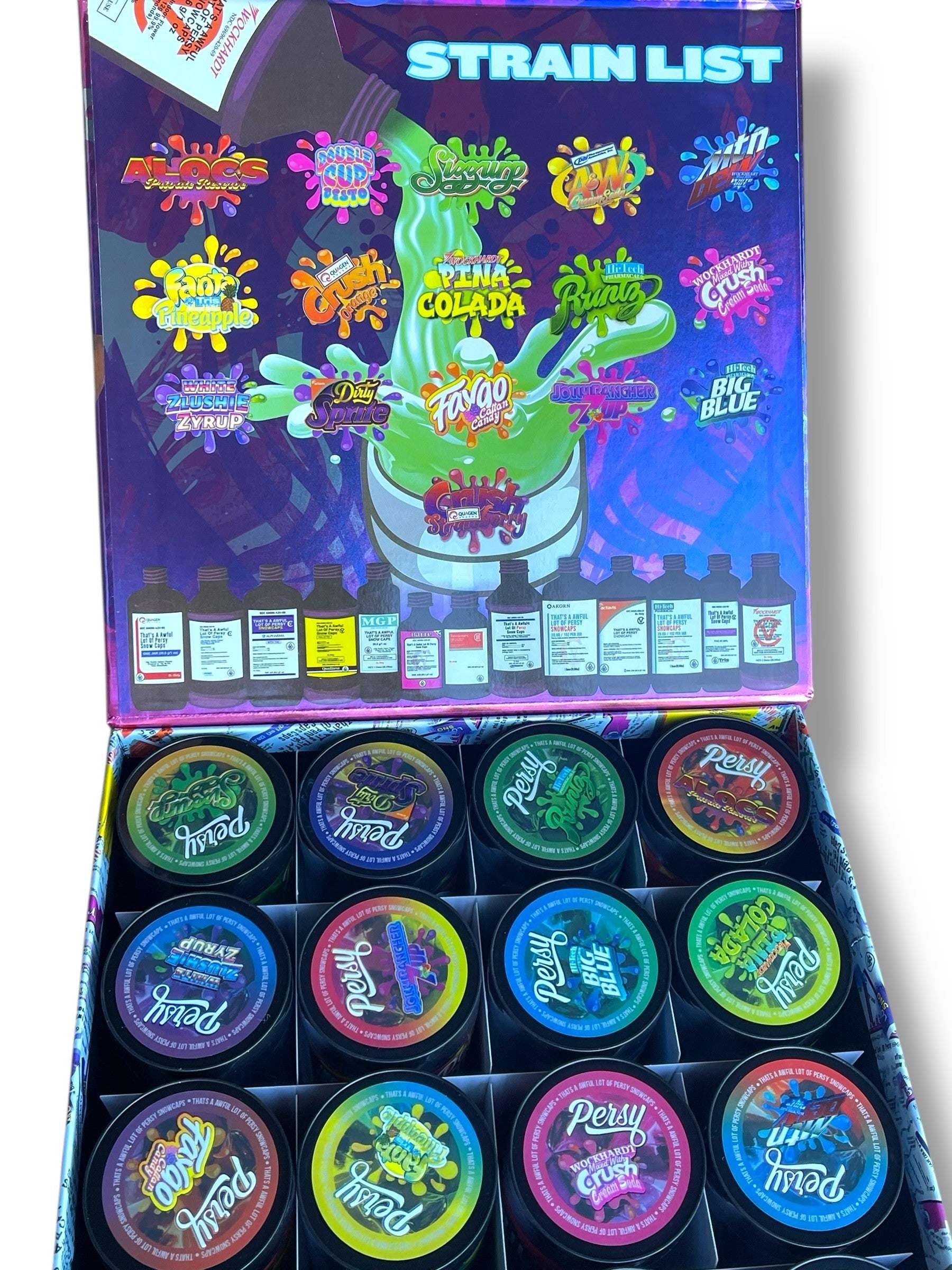 Persy Snowcaps Cough Syrup 16-1oz Plastic Jars - Varity Pack 16 Flavors in box 1 pound Empty Jars