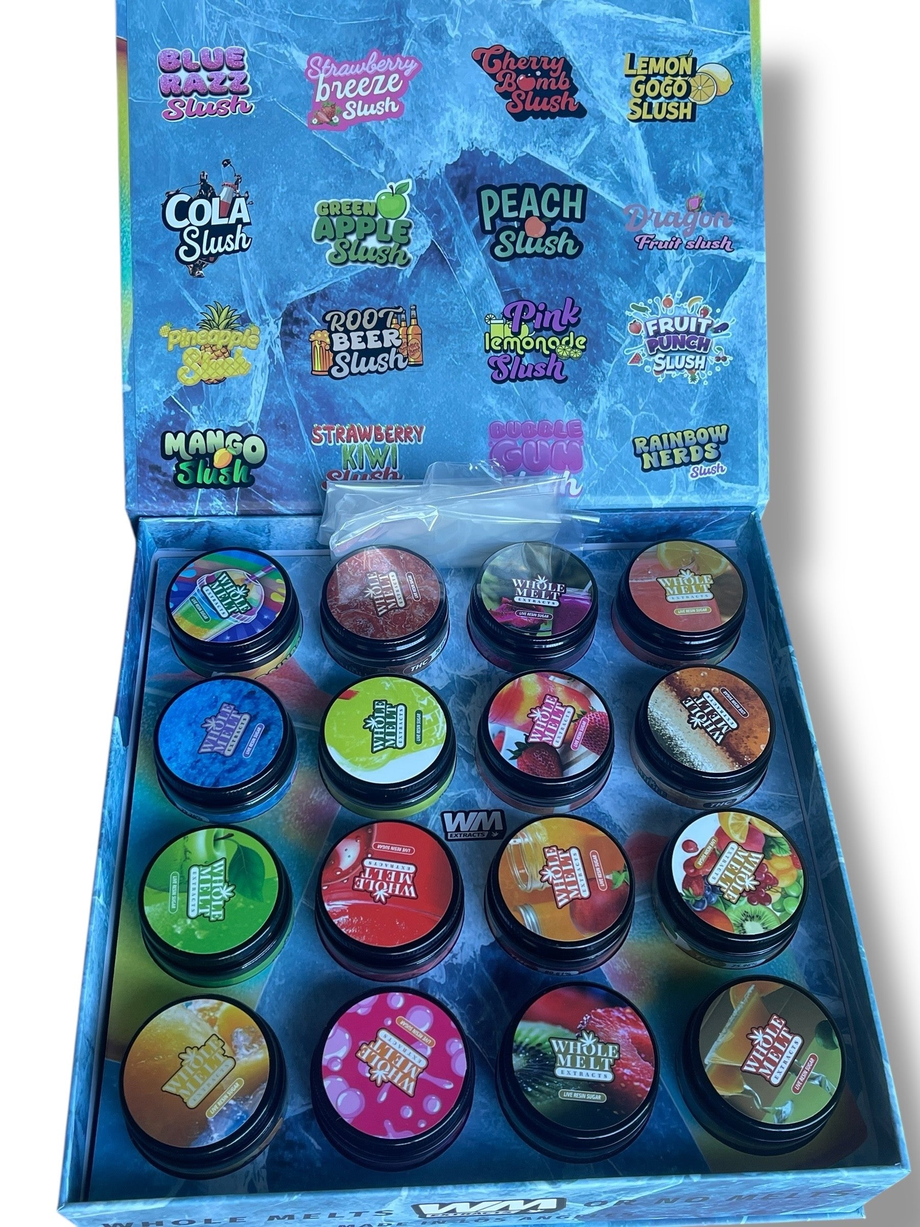 Whole Melt Slurpee Edition 1oz Glass Jars - Varity Pack 16 Strains in box Empty Jars