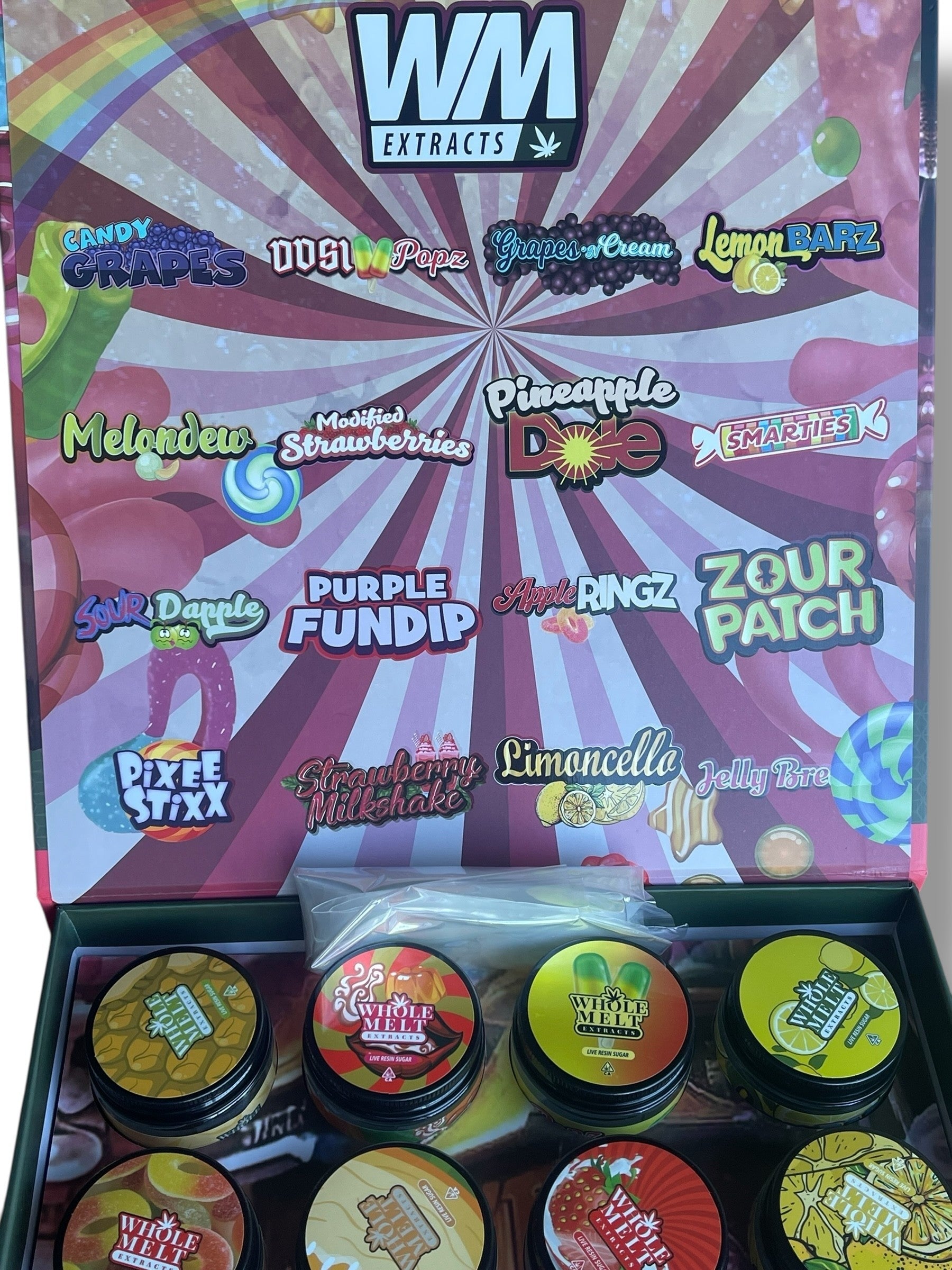 Whole Melt Candy Edition 1oz Glass Jars - Varity Pack 16 Strains in box Empty Jars