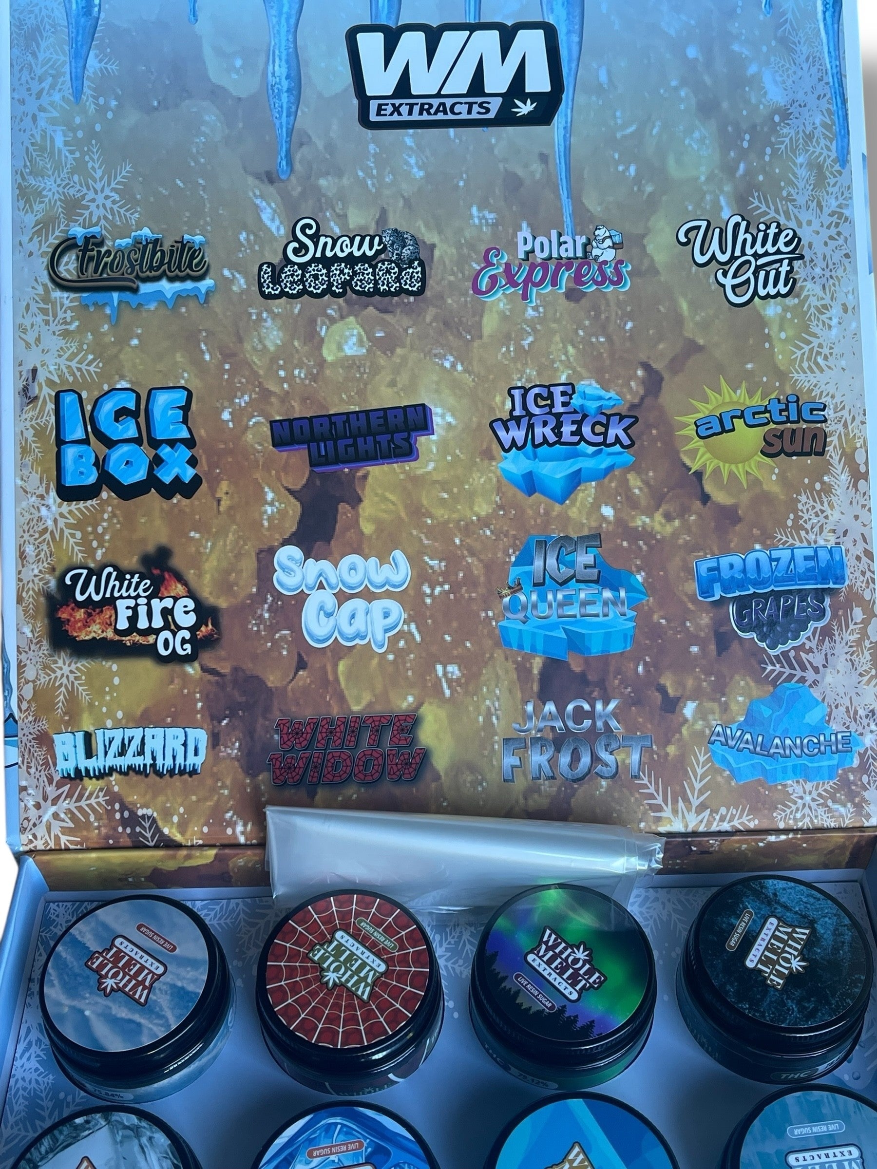 Whole Melt Winter Edition 1oz Glass Jars - Varity Pack 16 Strains in box Empty Jars