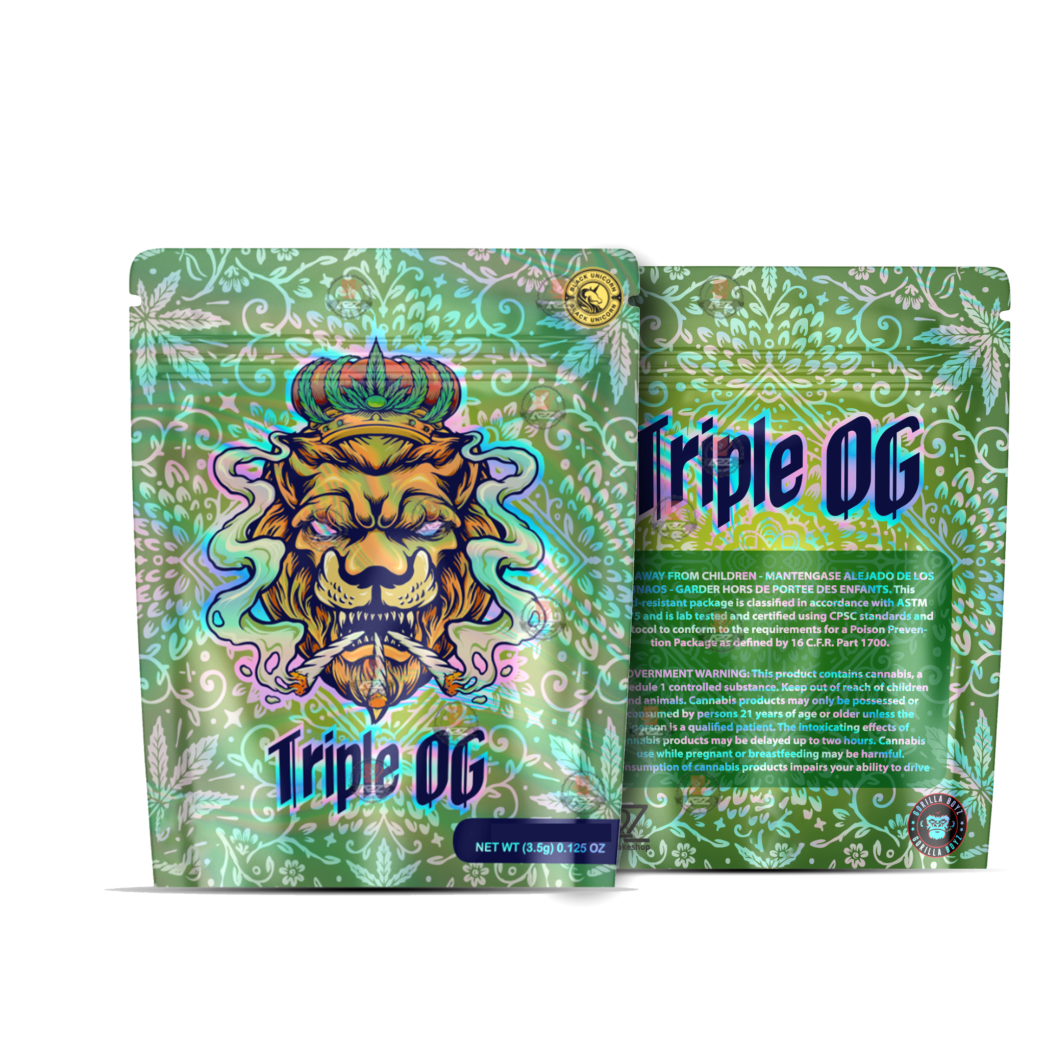 Tripple OG Holographic Mylar bag 3.5g - For Flower- Black Unicorn