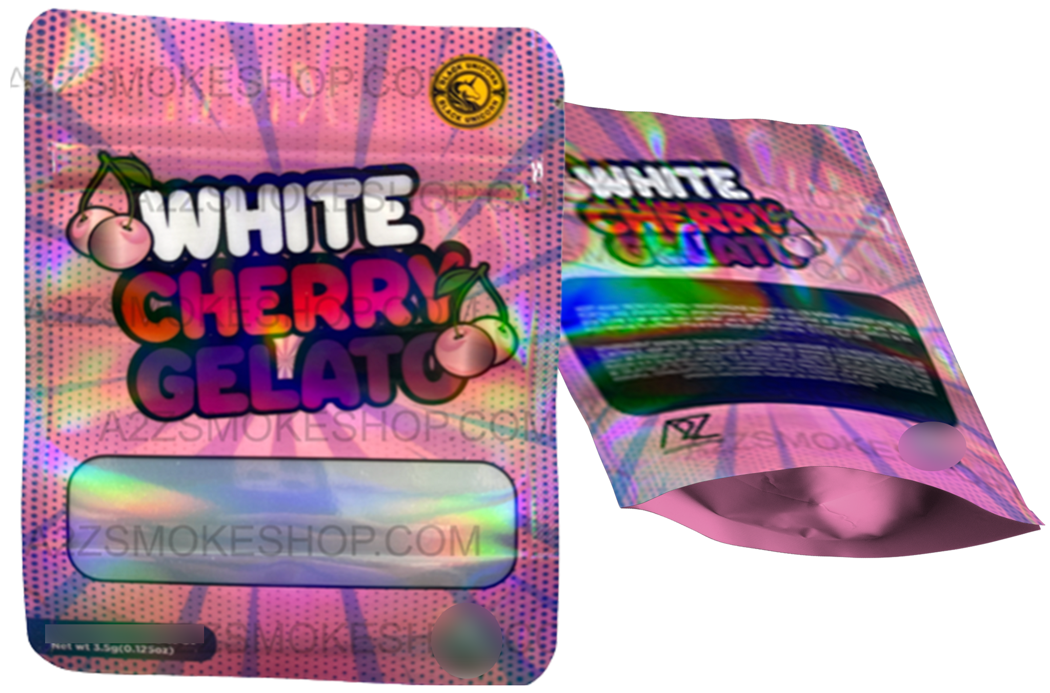 Black Unicorn White Cherry Gelato Holographic Mylar bag 3.5g