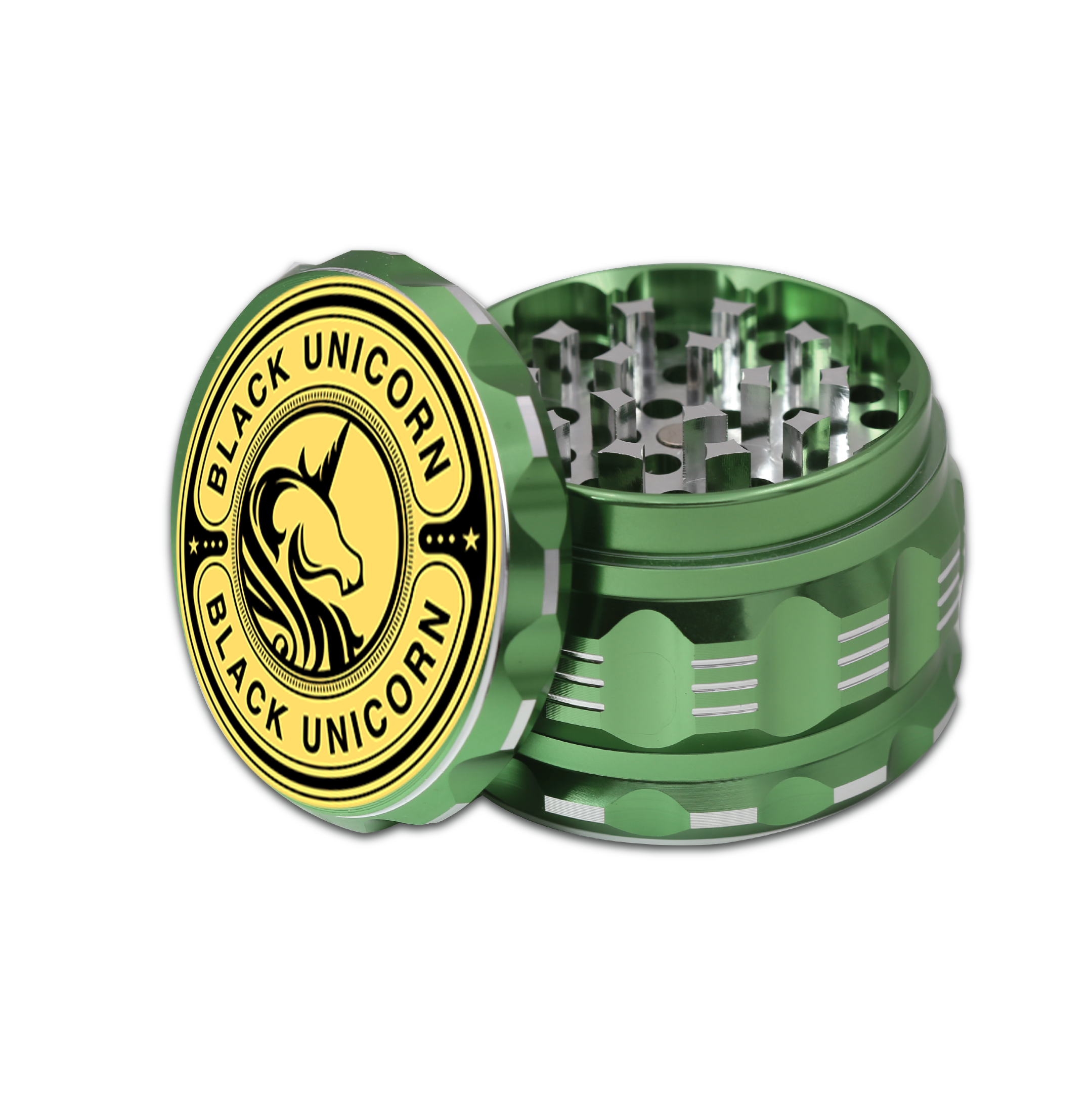 Black Unicorn Grinder with Pollen Catcher. Large 4 Piece, 2.5" Aluminum (Green)