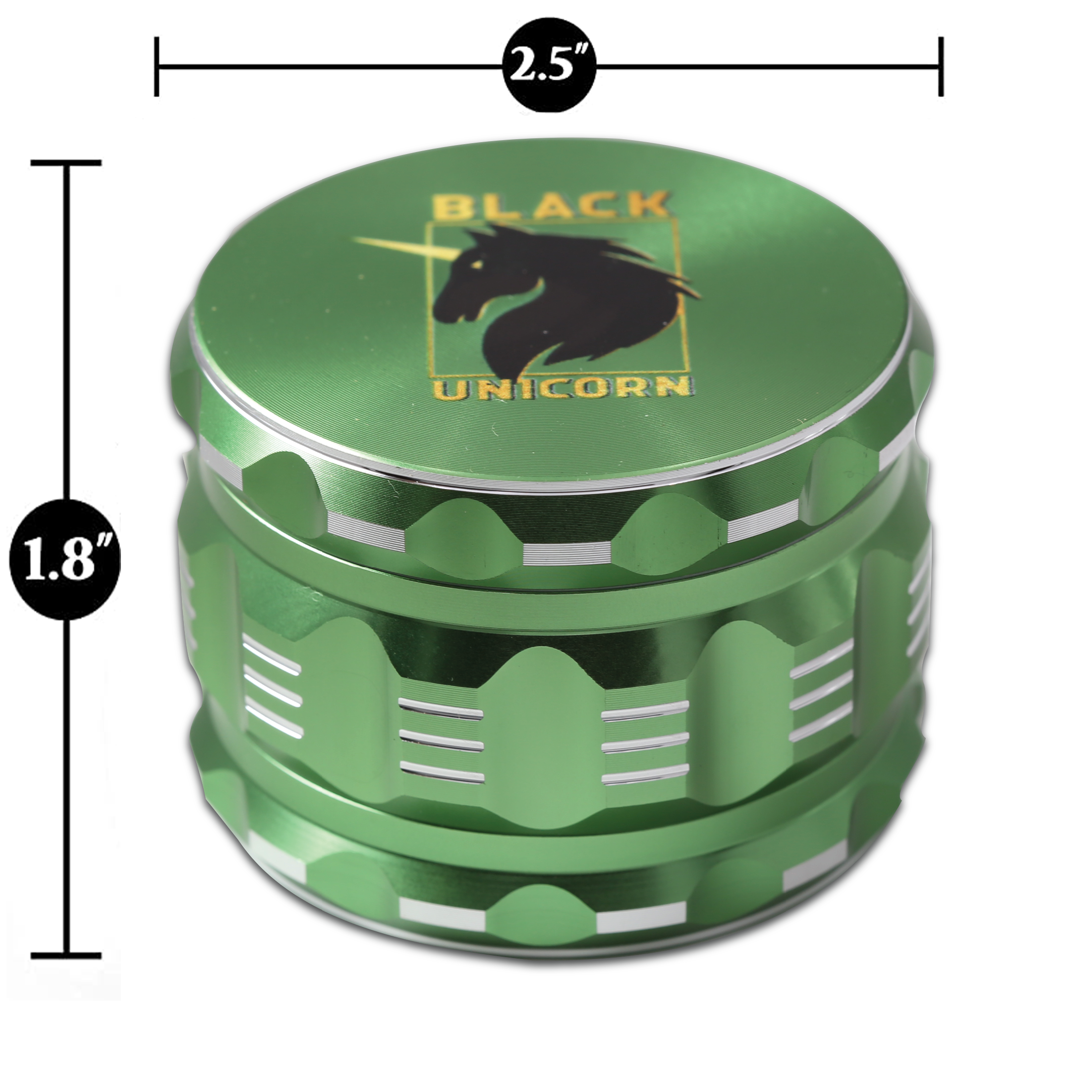 Black Unicorn Grinder with Pollen Catcher. Large 4 Piece, 2.5" Aluminum (Green)