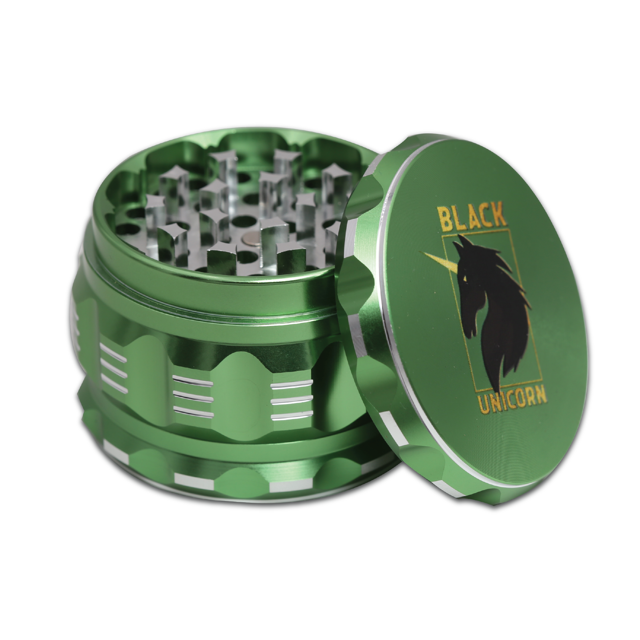 Black Unicorn Grinder with Pollen Catcher. Large 4 Piece, 2.5" Aluminum (Green)