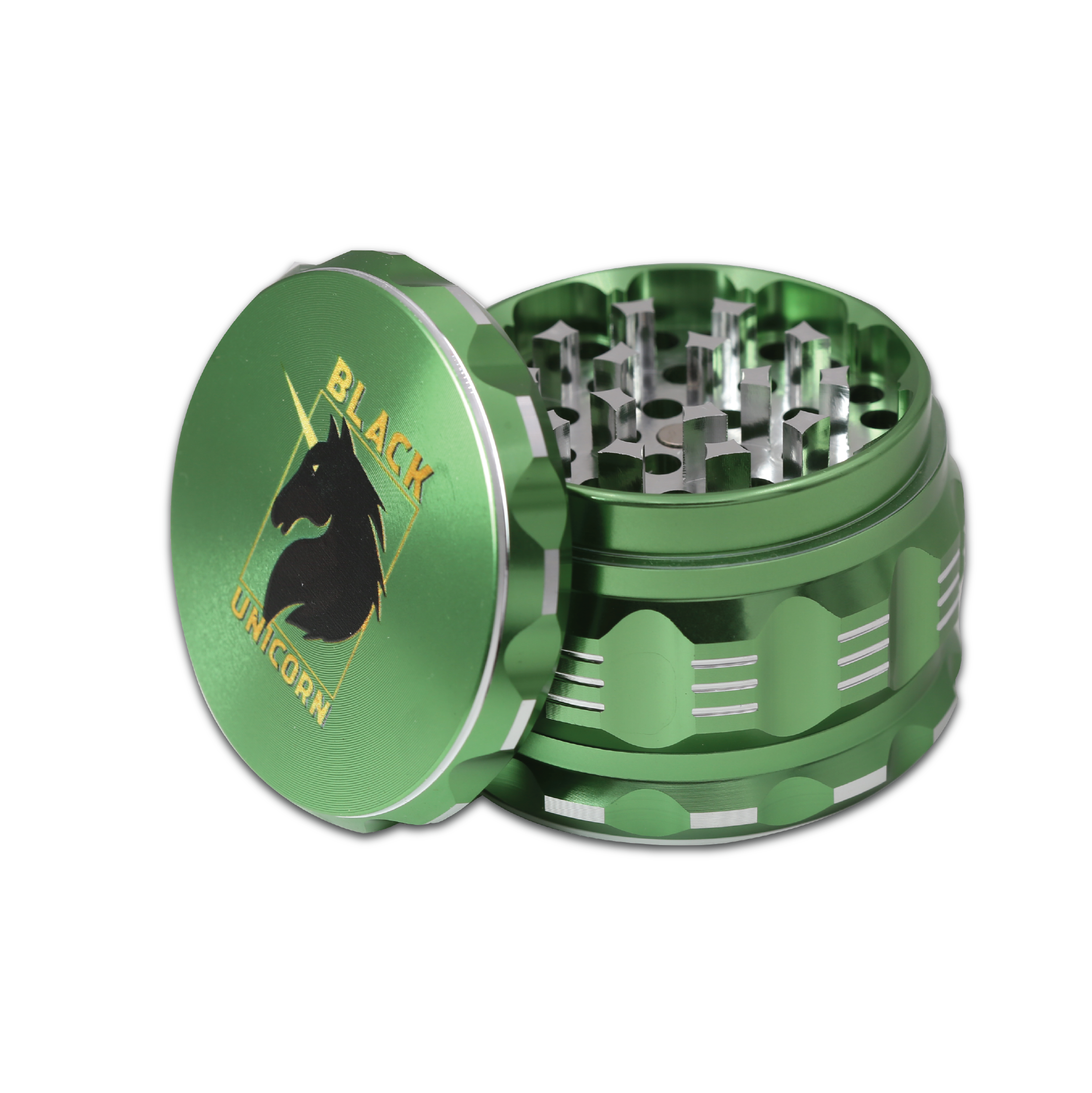 Black Unicorn Grinder with Pollen Catcher. Large 4 Piece, 2.5" Aluminum (Green)