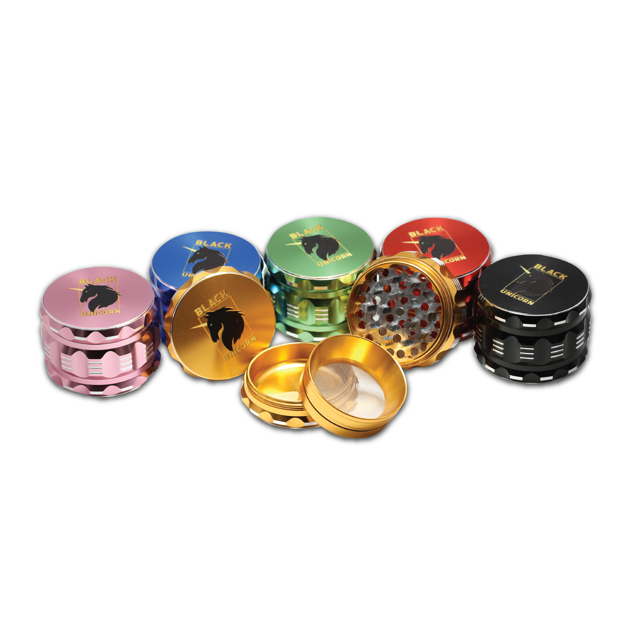 Black Unicorn Grinder with Pollen Catcher. Large 4 Piece, 2.5" Aluminum (Green)