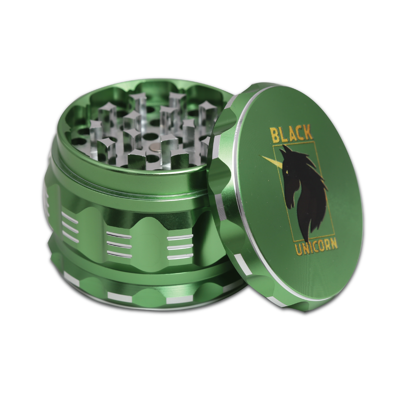 Black Unicorn Grinder with Pollen Catcher. Large 4 Piece, 2.5" Aluminum (Green)